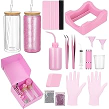 Foxtell 18 Pcs Snow Globe Tumbler DIY Kit 16 oz Pre Drilled Wall Double-Wall Snow Globe Cups with Lids Glitter Tools & Accessories Complete Craft Set for Making Custom Glitter Tumblers Pink