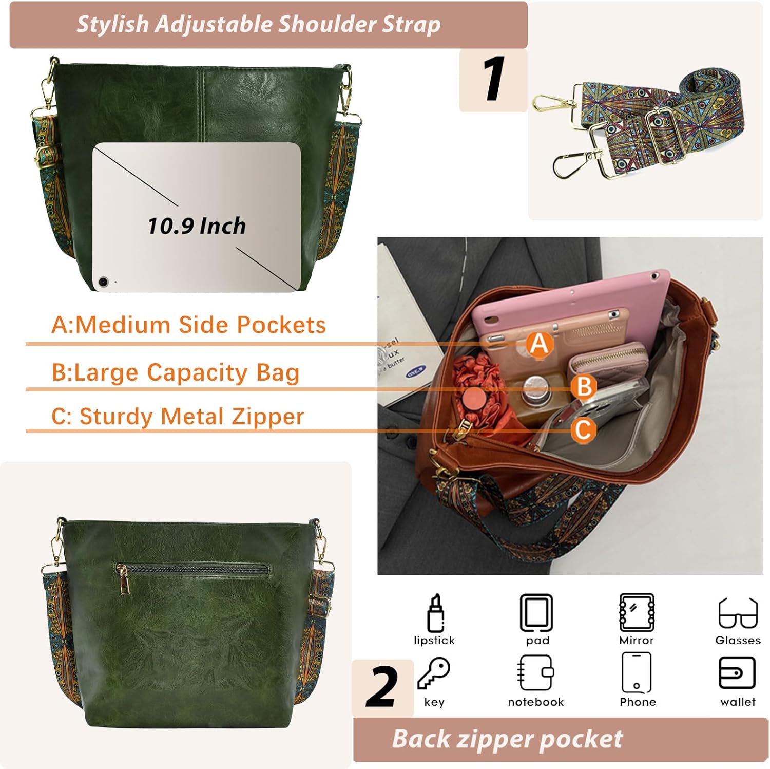 Hobo Bags Vegan Leather Crossbody Bag Guitar Strap Shoulder Purses with Zipper Handbags for Women - Image 3