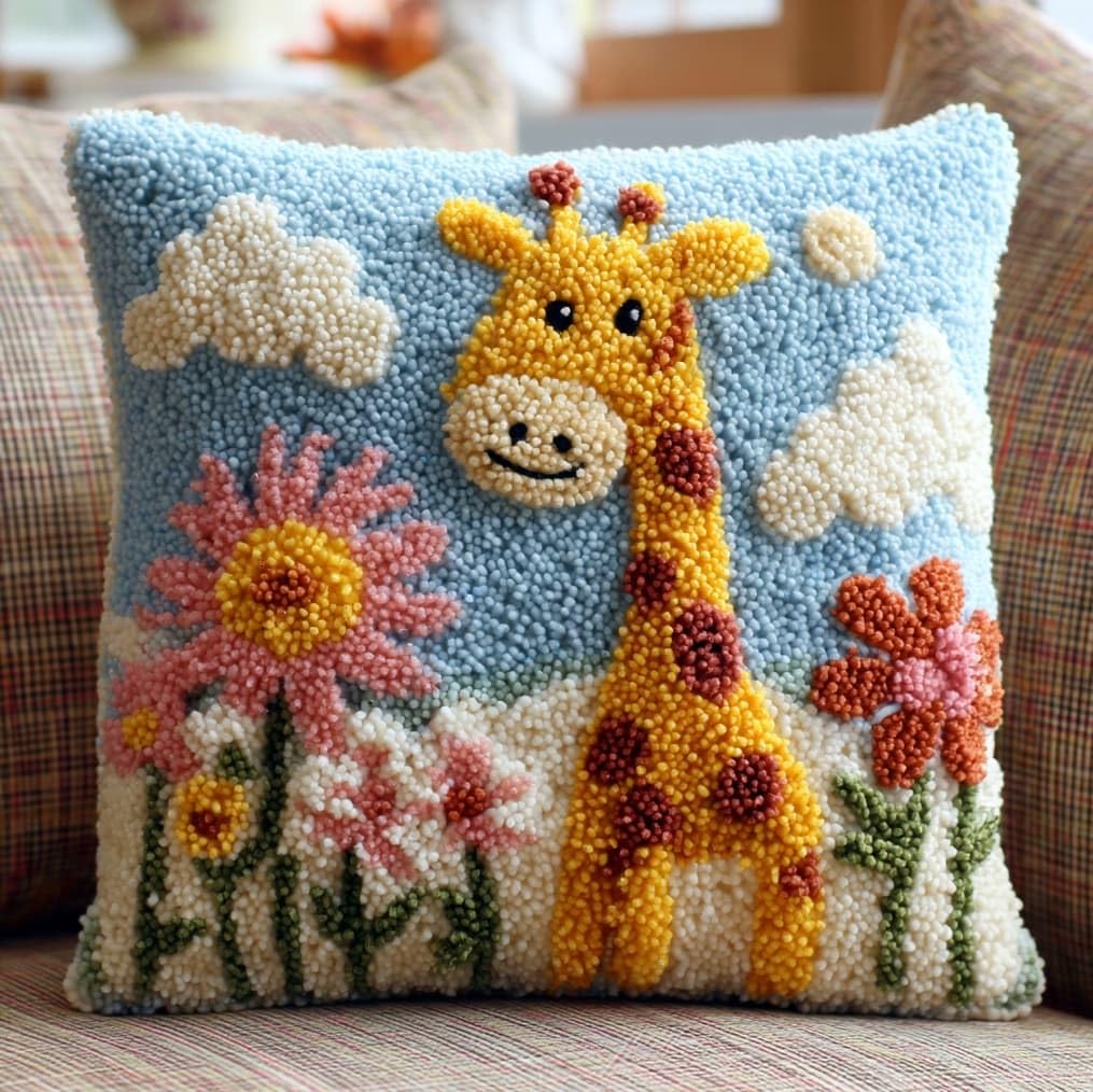 AxiangziK Latch Hook Cushion Kit 43x43cm,Giraffe and Flowers