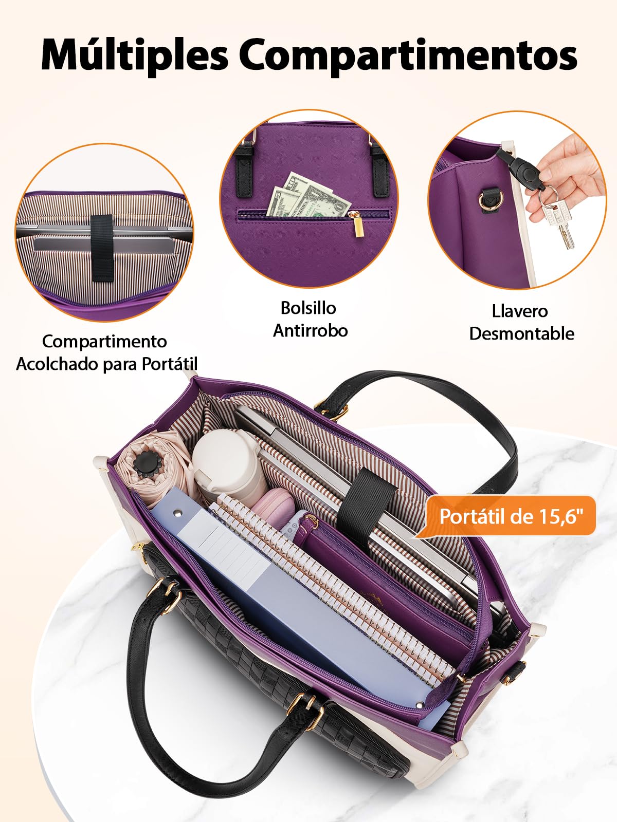 MATEIN Bolso Portatil Mujer de 15.6 Pulgadas, Bolso Mujer Grande, Morado