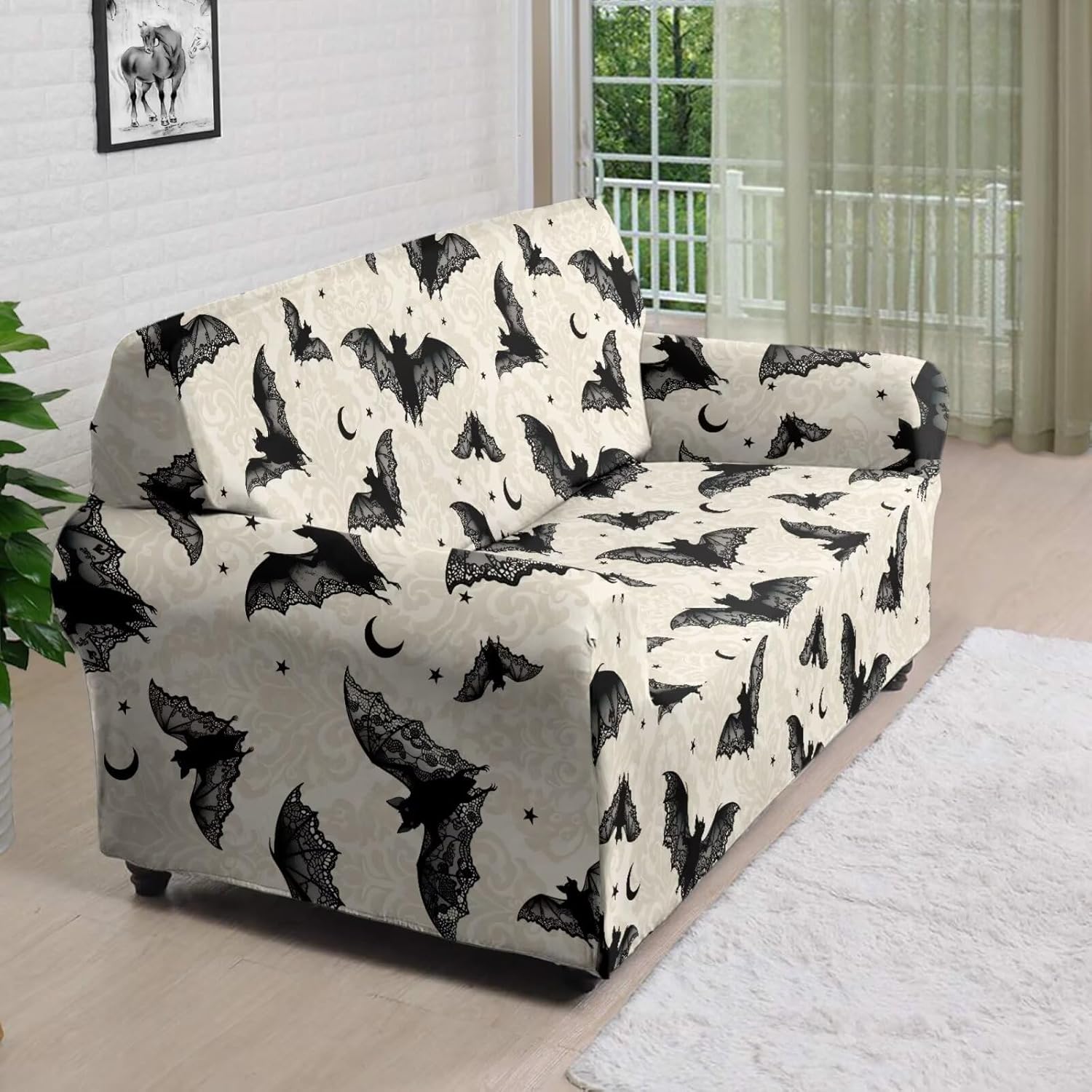 Bat Print Sofa Cover Breathable Dust-Proof Couch Cover Blanket for 3 Cushion Couch, Home Decorations for Halloween