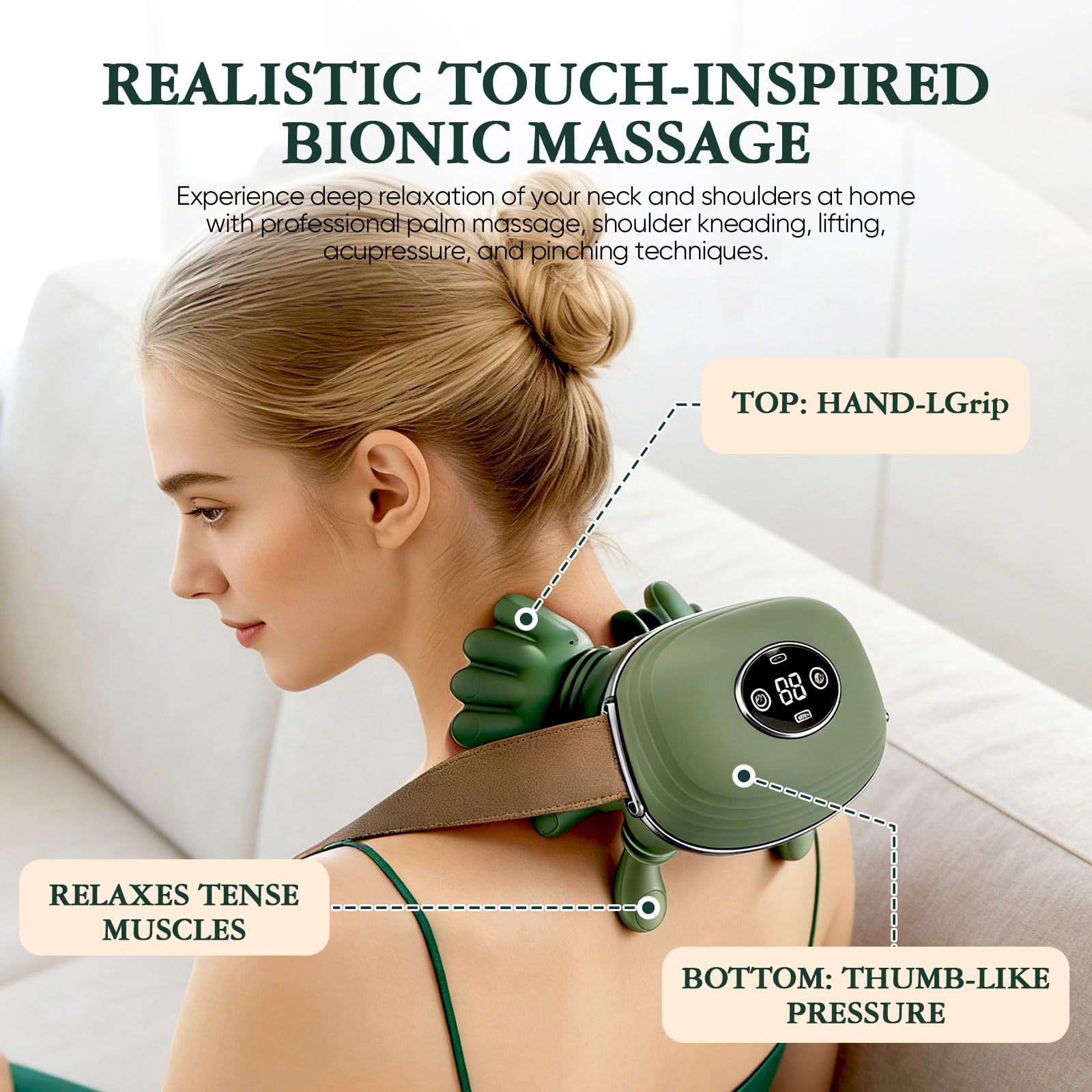 MassagegeräT, 4D Nackenmassagegerät mit Wärme, Shiatsu Massagegerät mit bionischer Hand, LED Touchscreen, 3 Intensitätsstufen & 2 Heizstufen, Elektrisches Massagegerät für Zuhause, Büro & Reise, Grün