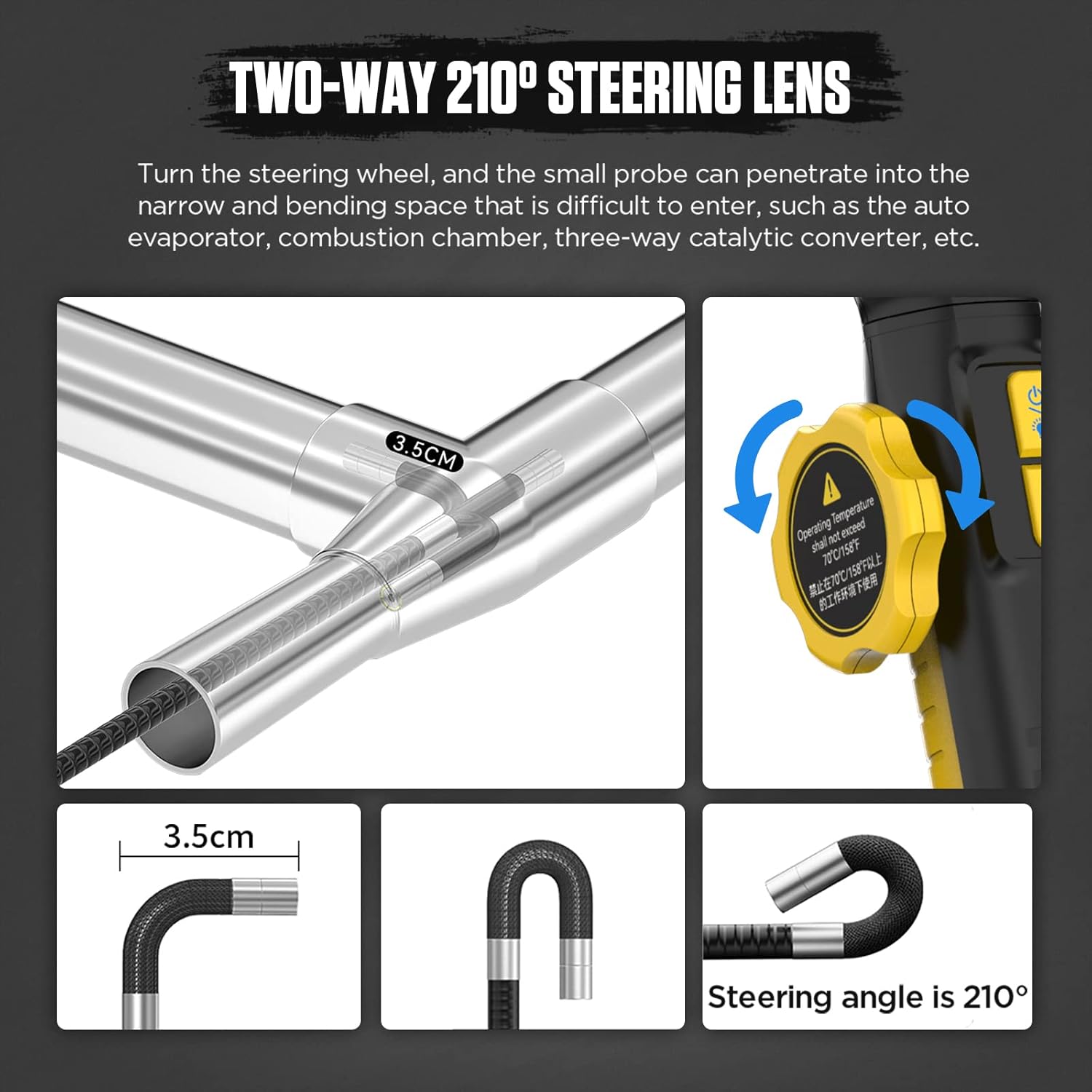 Articulating Video Borescope, 5-inch IPS Articulating Endoscope Inspection Camera Two-Way 210° Steering Lens Waterproof Automotive Mechanic Fiber Optic Scope LED Light Control Multilingual