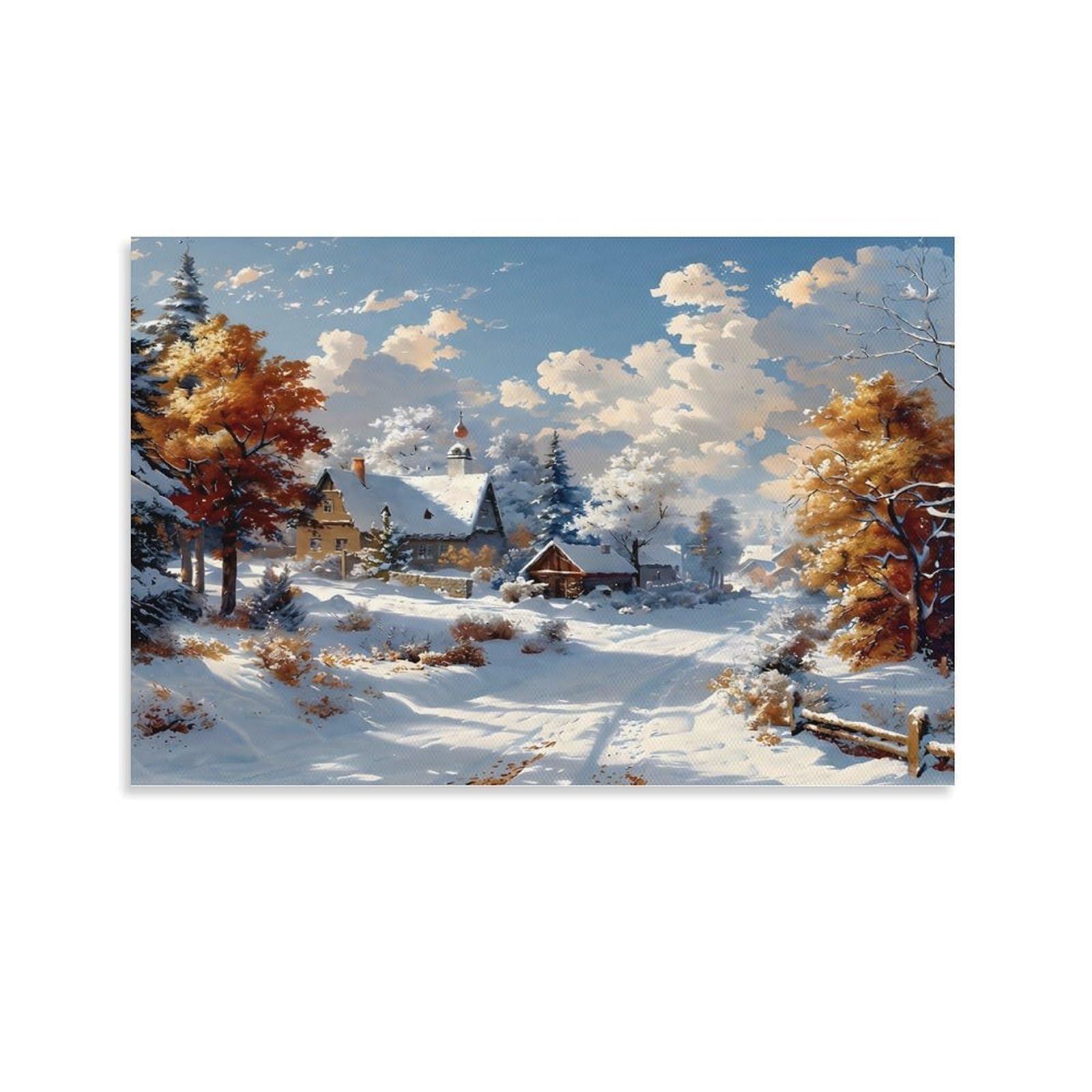 CPLVKWRQJ Winter Village Scene Individual Sunny Snowy Landscape Scene Wall Art Pieces - Office Canvas Print Fade Resistant Wall Focal Art Ready to Hang 24x36inch(60x90cm)