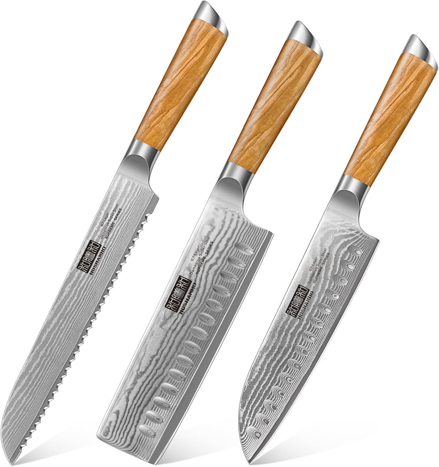 HOSHANHO Professional Damascus Ultra Sharp Santoku & Nakiri Knife & Bread Knife