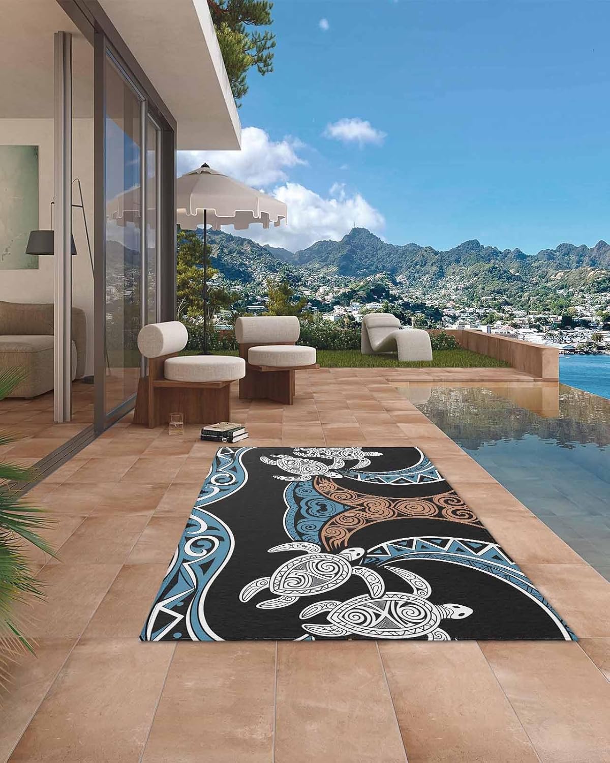 Polynesia Texture Outdoor Rug 4' x 6', Retro Traditional Tribe Turtle Abstract Washable Area Rug for Outdoor Indoor, Non Slip Outside Large Rugs Carpet for RV Patio Backyard Picnic Camping Porch Deck