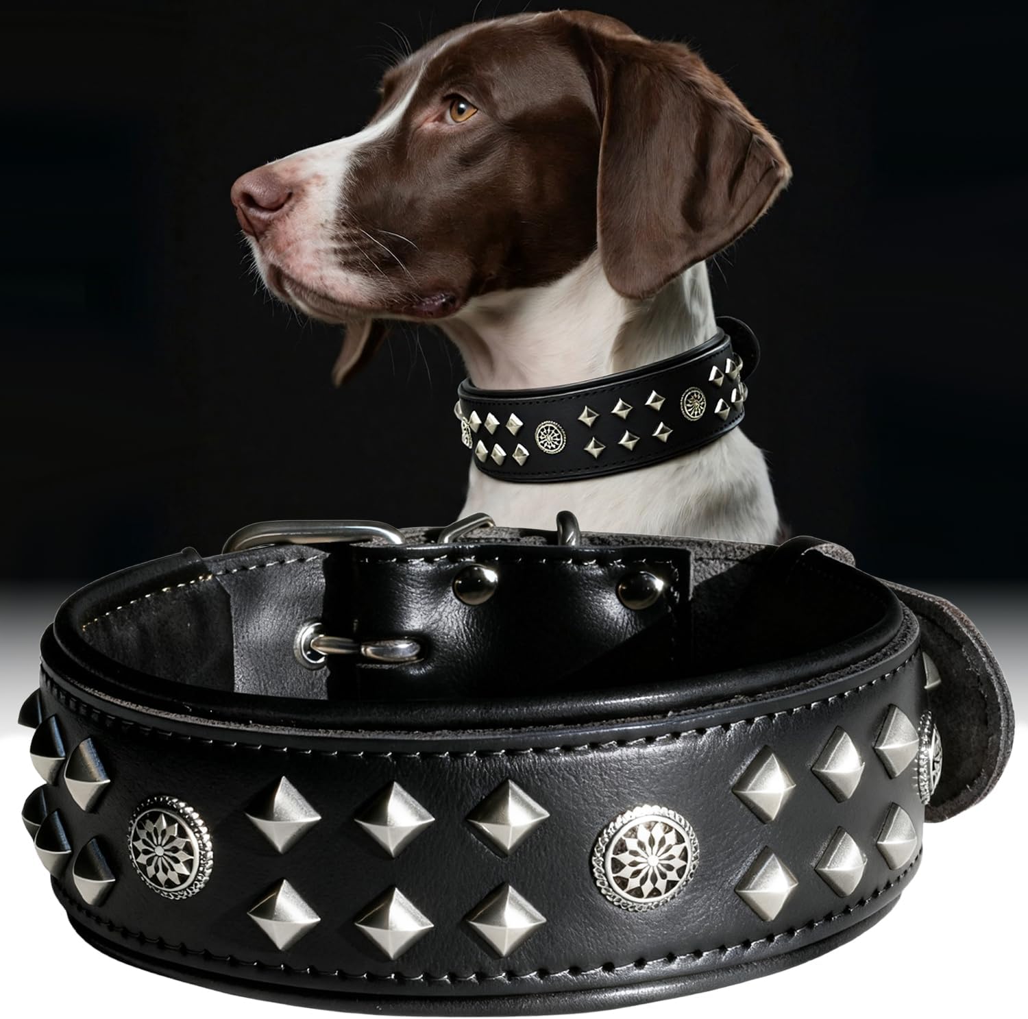 EliteGuard Genuine Leather Dog Collar, 2.2-inch Handmade Studded with Stainless Steel Buckle, Daily Wear for Large Dogs, Black 21.5-25.5 in