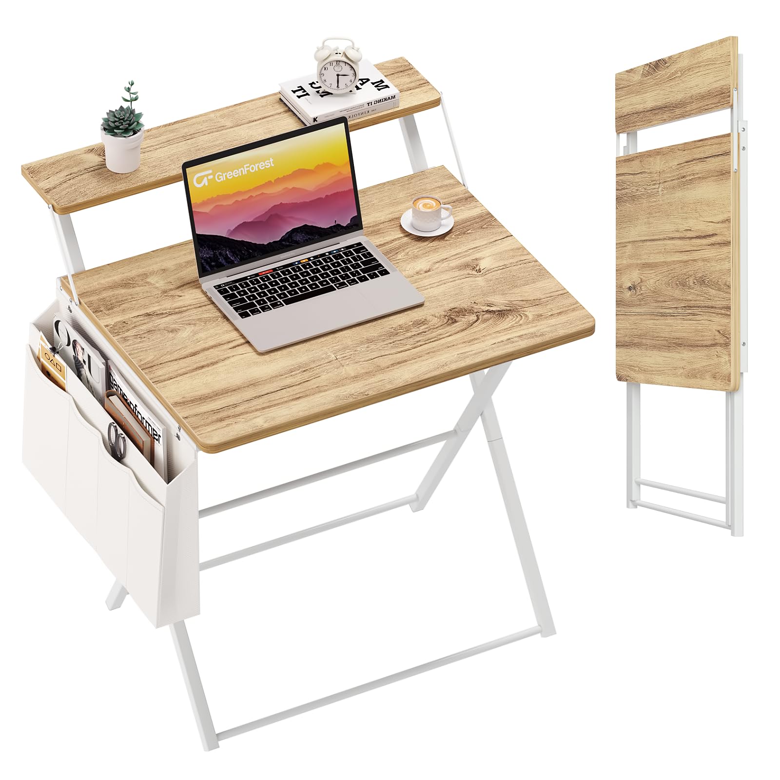 GreenForest Escritorio Plegable con Soporte de Monitor, 60cm Pequeño Mesa de Oficina con Gancho, Moderno Escritorio con Bolsa de Almacenamiento para Estudio, Beige