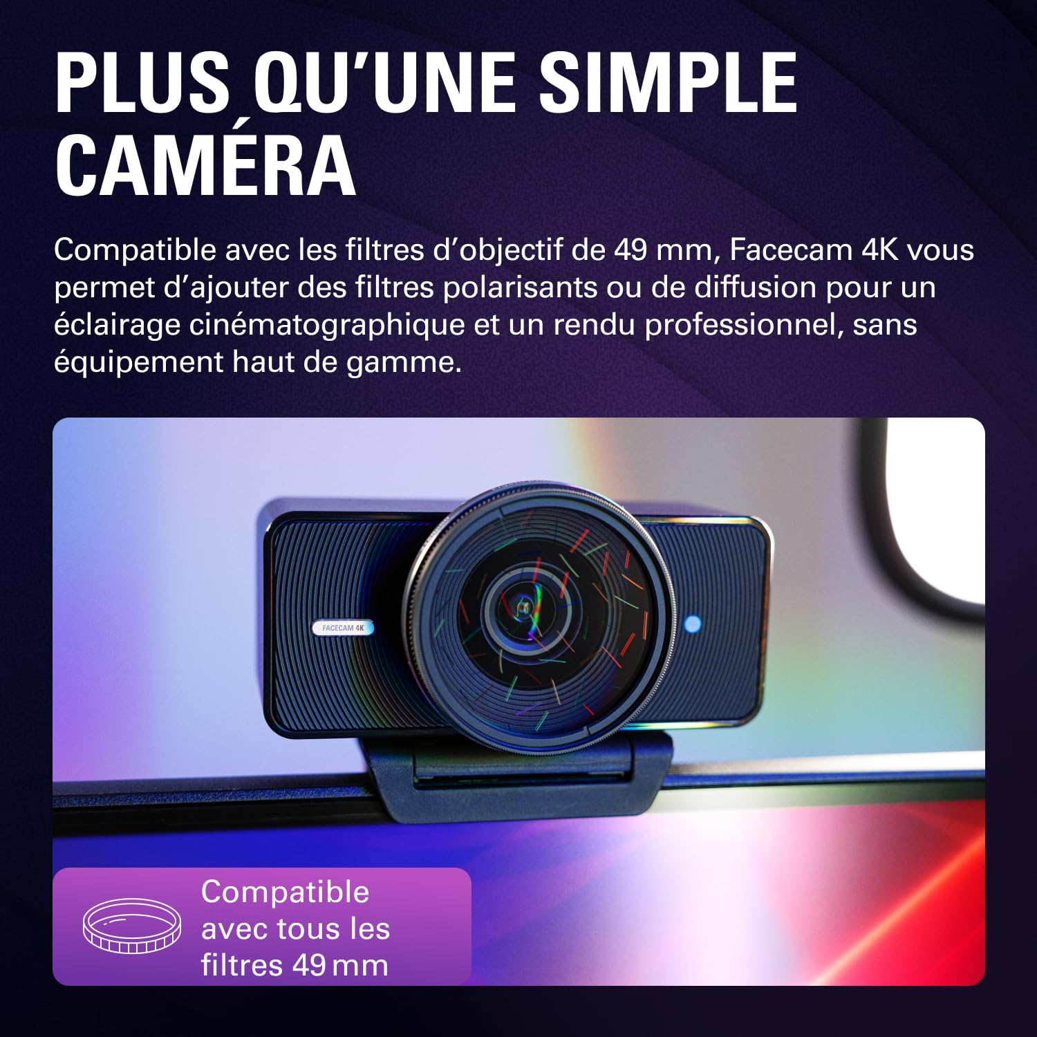 Elgato Facecam 4K – Webcam Studio 4K60, Contrôle de Type DSLR, Effets cinématographiques, Filtres d’Objectif 49 mm, HDR, Vidéo Non compressée, Zone de Mise au Point optimisée | USB-C pour PC et Mac