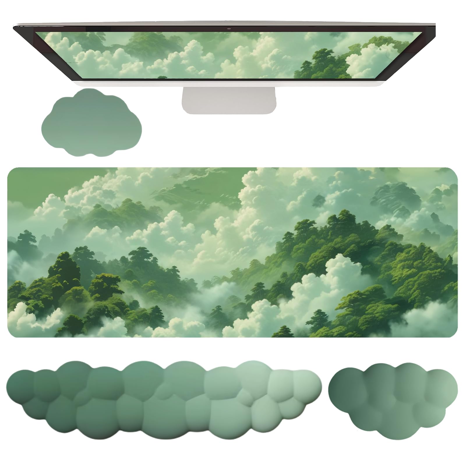 Green Cloud Mouse Pad and Keyboard Wrist Rest 4PCS Extended Forest Mountain Aesthetic Large Desk Mat Pad Set