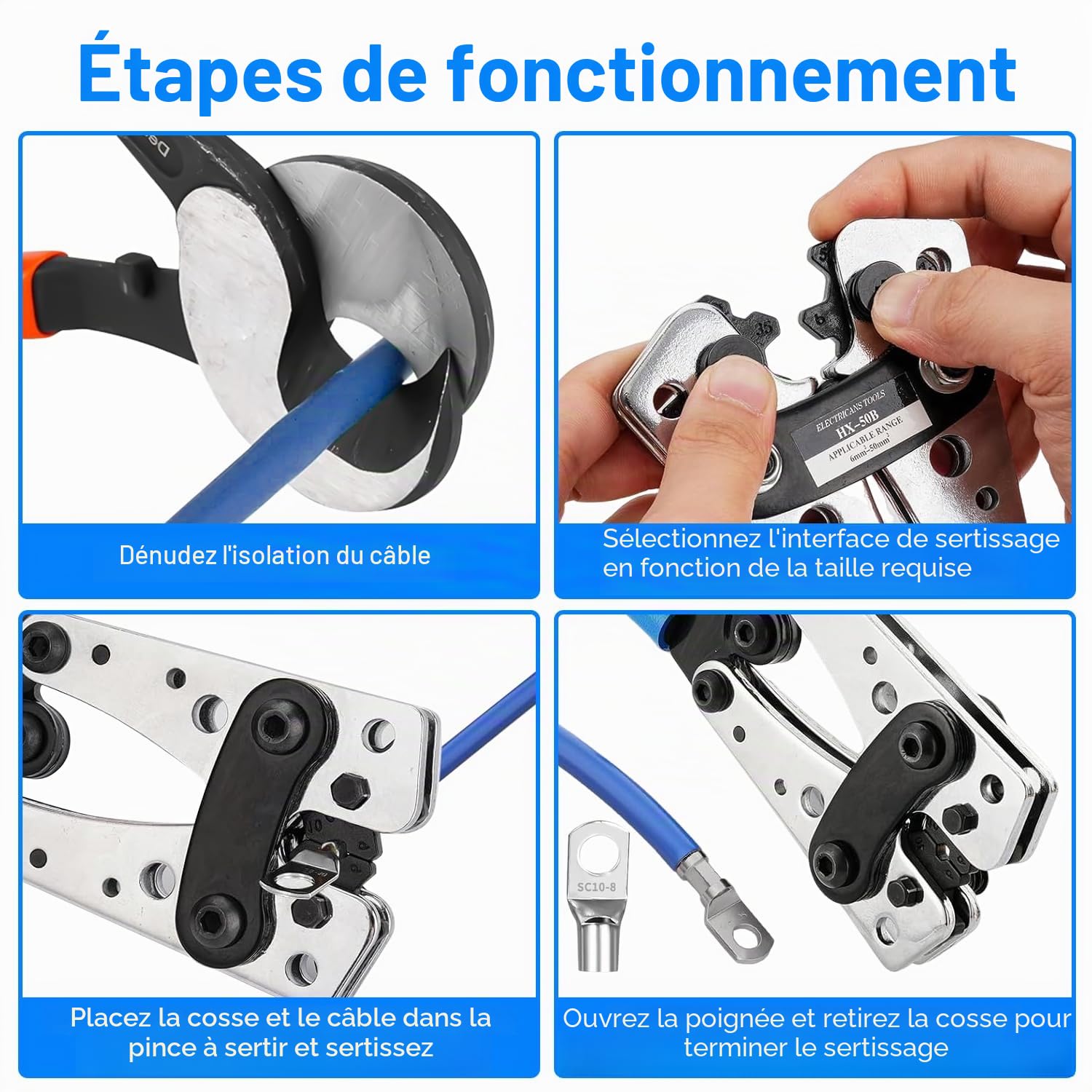 Pince à Sertir Professionnelle pour Cosses 10-1/0 AWG (6-50mm²) - Avec 80 Bornes à Anneau en Cuivre + 80 Gainettes Thermorétractables, 8 tailles, Outil de Crimpage Électrique à Cliquet Multifonction