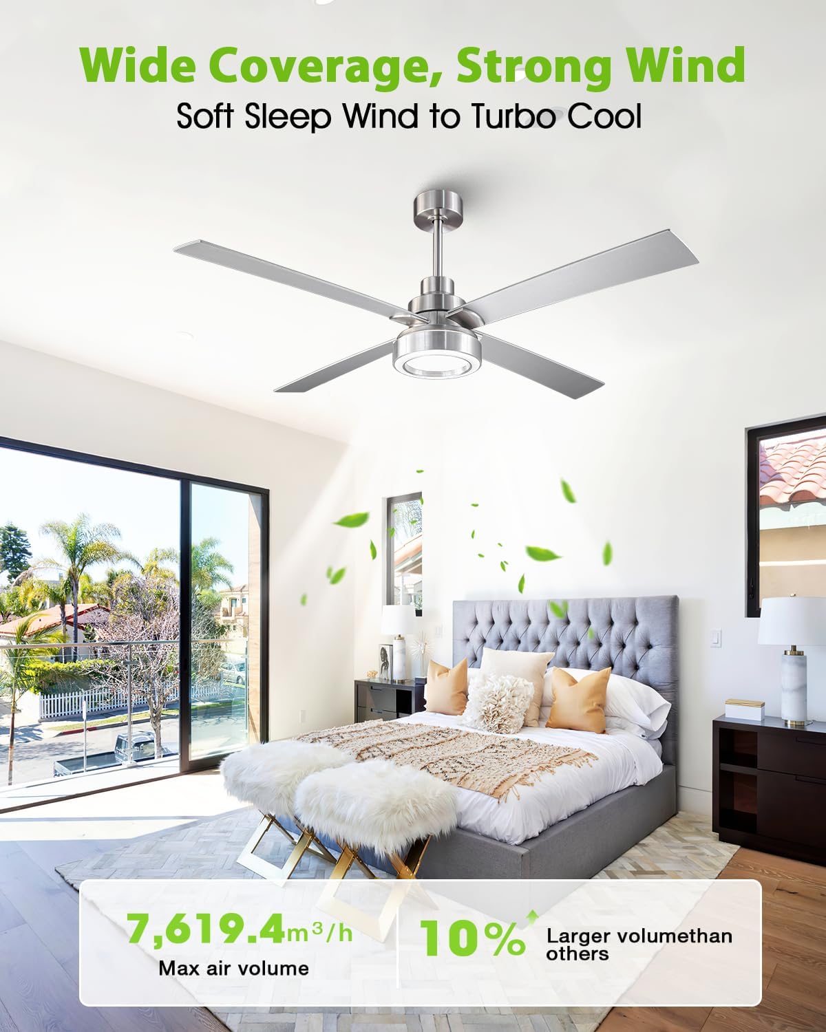 60 Inch Large Ceiling Fans with Lights and Remote/APP, Modern Brushed Nickel Ceiling Fan, 3CCT Dimmable, 6-Speeds Reversible, Quiet High Airflow Fan with Long Downrods for Living Room, Shop