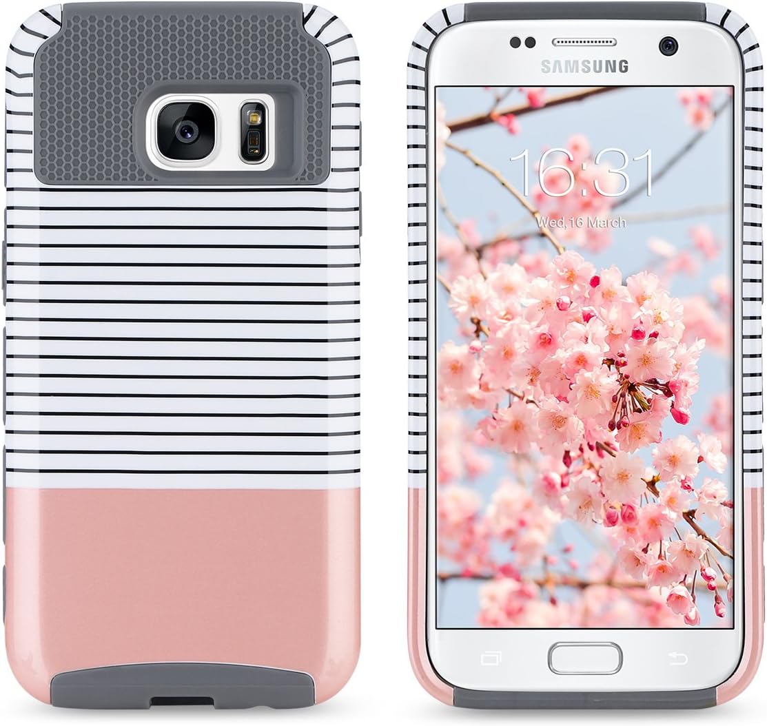 ULAK S7 Case, Galaxy S7 Case, Hybrid Case for Samsung Galaxy S7 2016 Release 2-Piece Dual Layer Style Hard Cover (Minimal Rose Gold Stripes+Grey) Will not Fit S7 Edge
