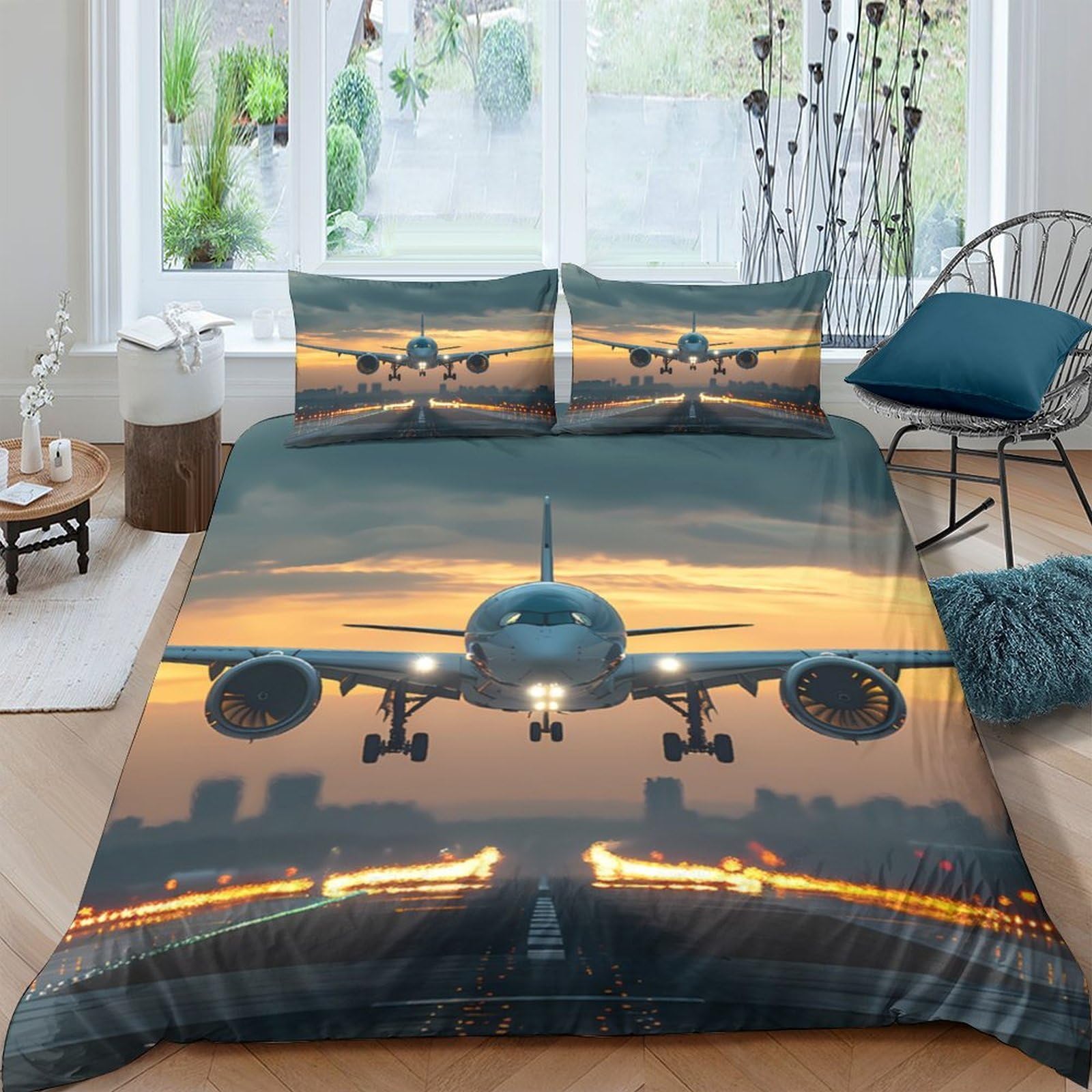 Ctjqhvkz Style-8 3D Printed Sunset Airplane Fitted Sheet Microfiber Soft Bed Cover City Runway Decor For Bedroom Guest Room Single（135X200cm）