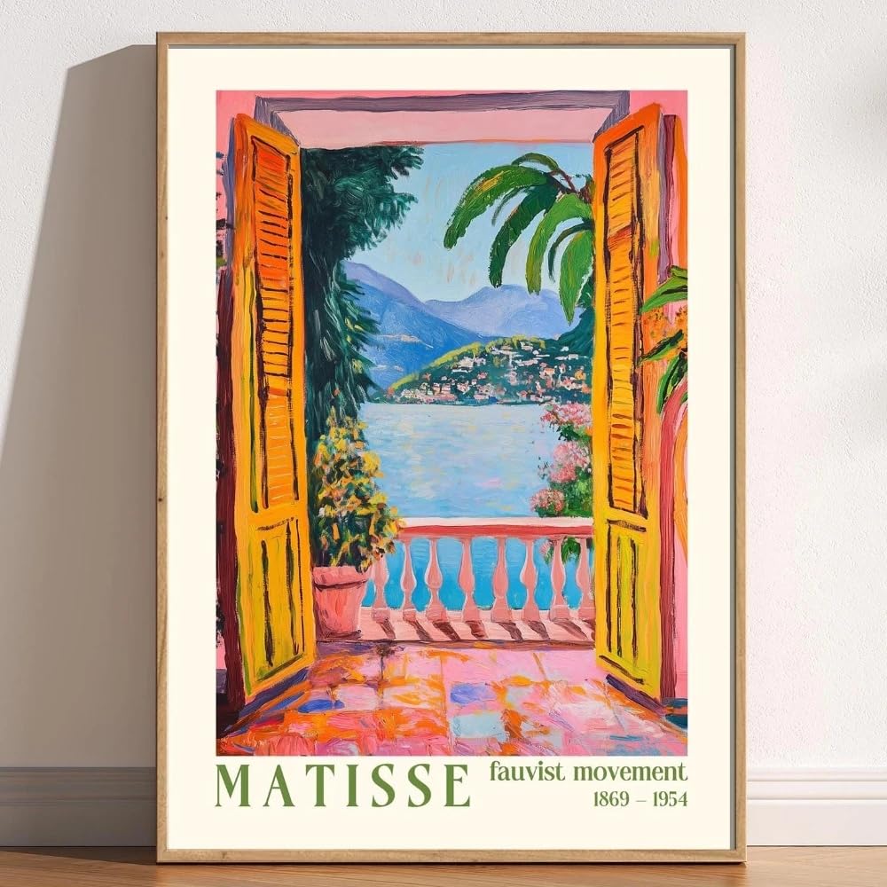 GOSRD Open Window Henri Matisse Print Style Fauvism Painting Exhibition Mediterranean Sea Orange Tree Coastal View Boats(60x80CM/Frameless)