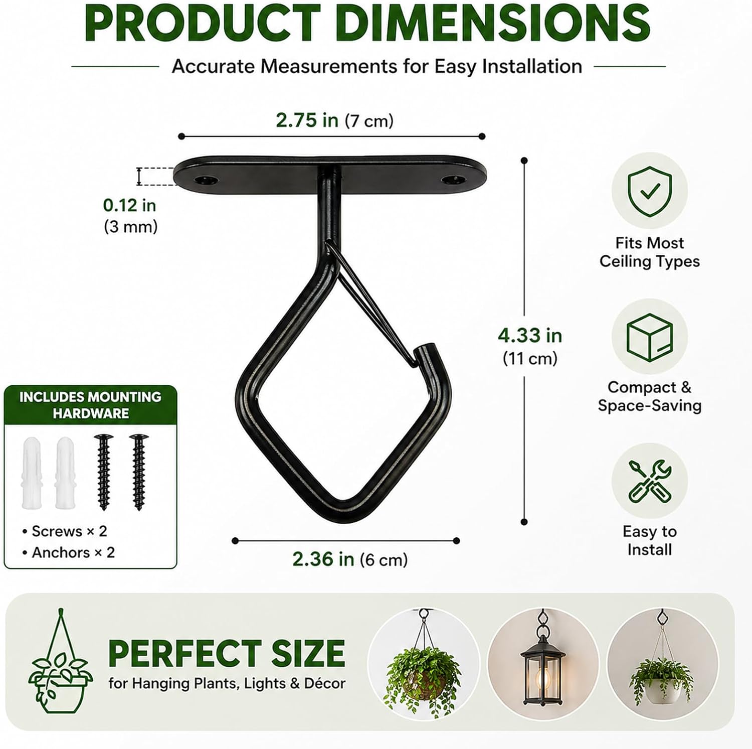 4 Pack Ceiling Hooks for Hanging Plants with Safety Buckle, Metal Heavy Duty Hanging Basket Plant Hooks for Indoor Outdoor (Black)