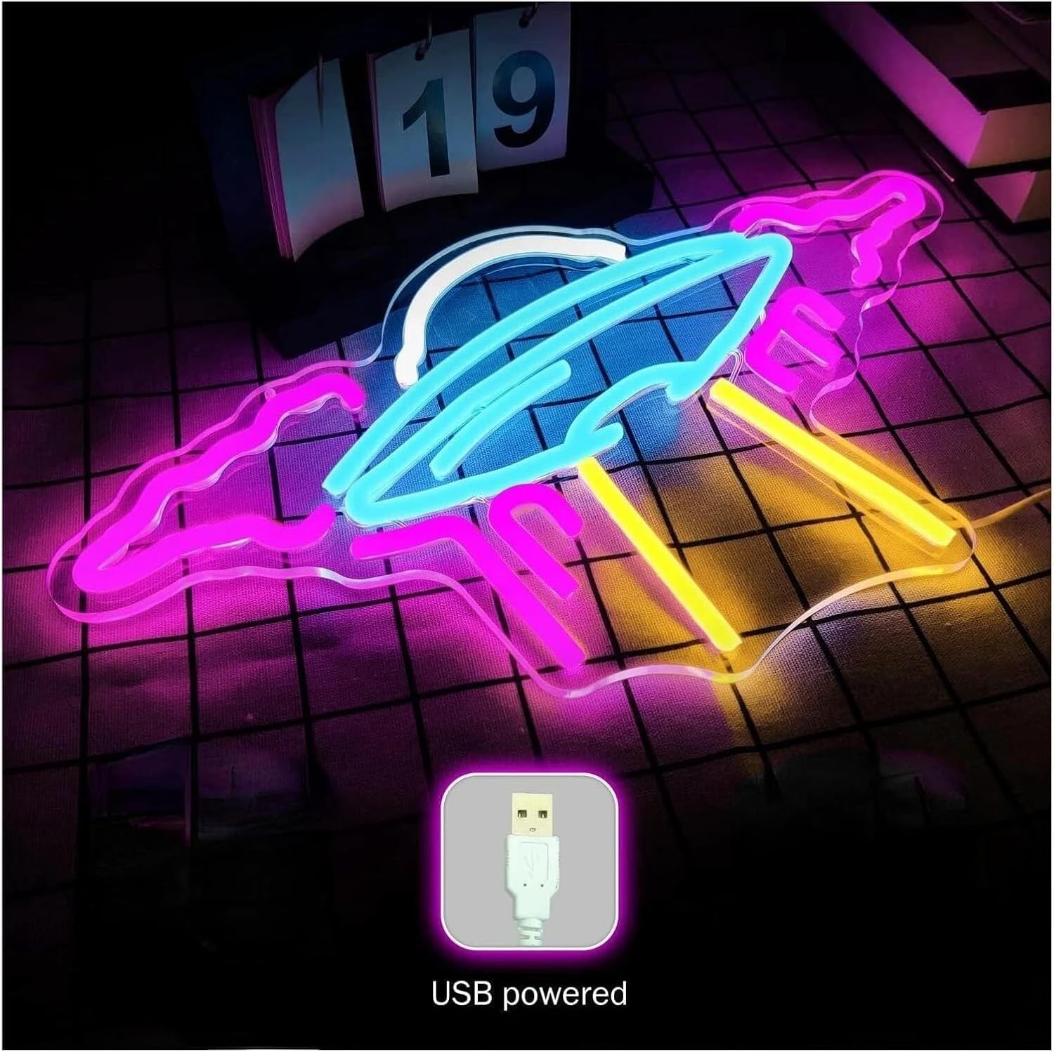 Carteles De Neón De Arte Colgante Ovni Letrero De Neón Nave Espacial Alienígena Luz Led Regulable para Lámpara De Decoración De Pared Alimentado por USB para Niños Sala De Juegos Espaciales