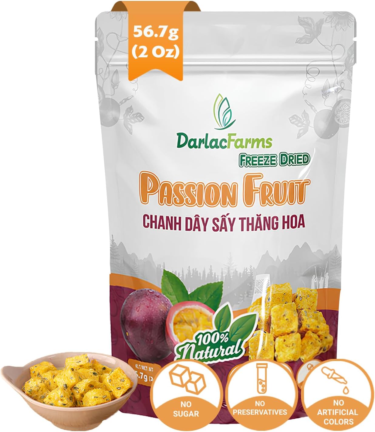 DARLAC FARMS Freeze Dried Passion Fruit Cubes, 2 Oz Pack 1, No Sugar Added, Healthy Fruit Snacks for Kids, Adults & All Ages, Premium Organic Crispy Crunchy Snacks, Tea, Baking, Smoothie, Yogurt, 2 Oz
