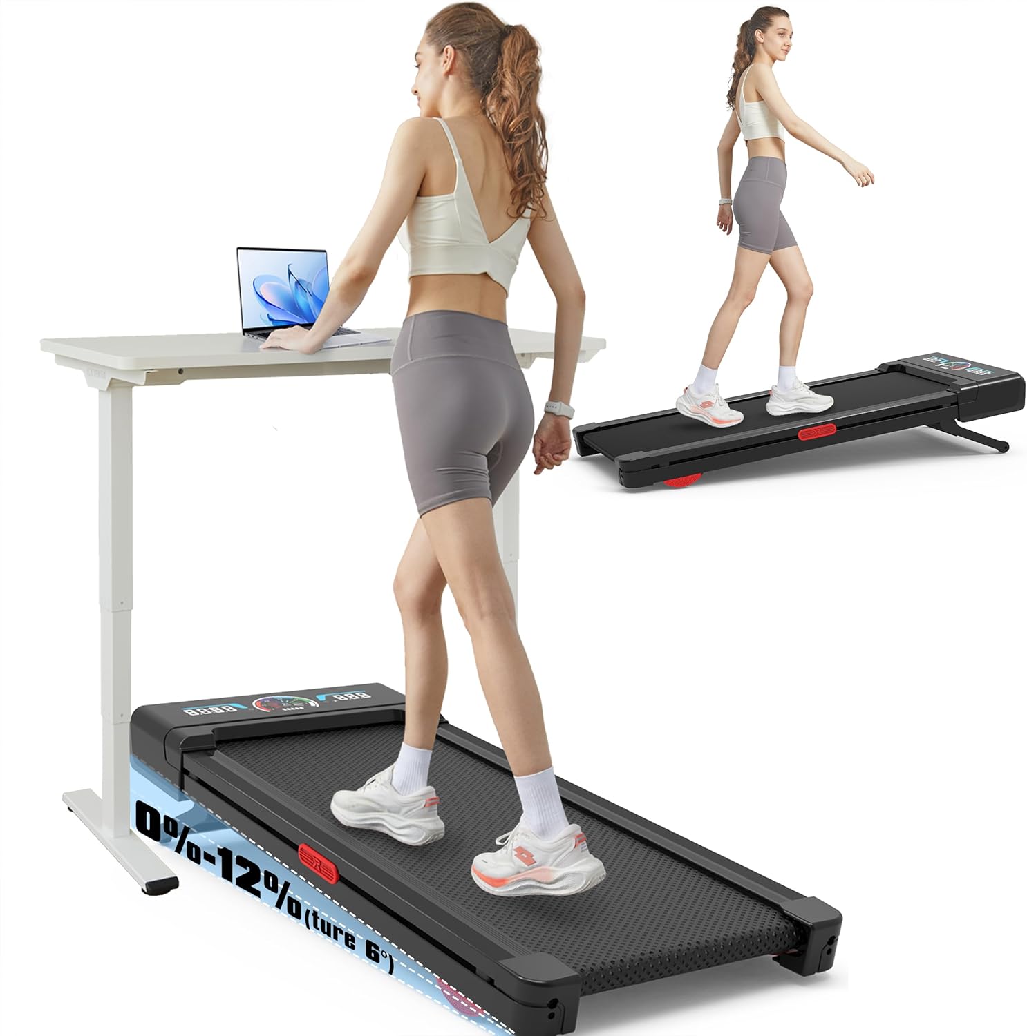 TRAILVIBER Walking Pad Treadmill with 12% Auto Incline, 450 lbs Capacity, Smart APP, RGB LED Screen, Bluetooth Speaker Under Desk Treadmill, Compact Treadmills for Home Hiking, Pink, Charcoal Black