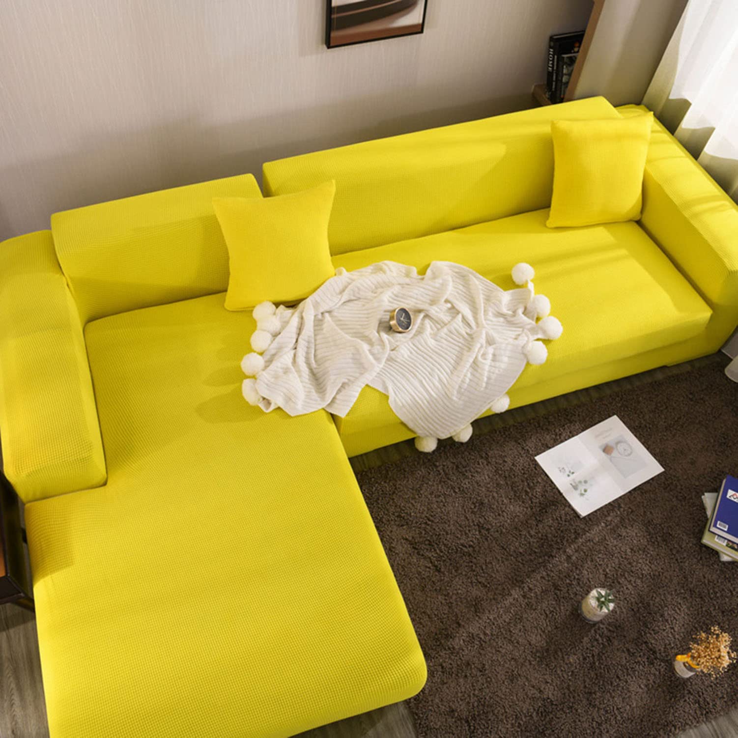 Housse pour canapé sectionnel en forme de L jaune 3 places en tissu extensible jacquard
