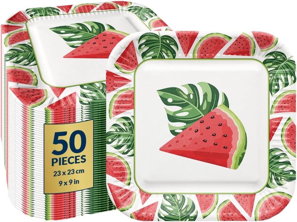 PAW – Disposable Paper Plates (9 Inch, 50-Pack), Fun & Colorful Themed Party Plates for Birthday, Kids Party, Picnic, BBQ, Soak Proof Plates Ideal for Children’s Parties – Watermelons