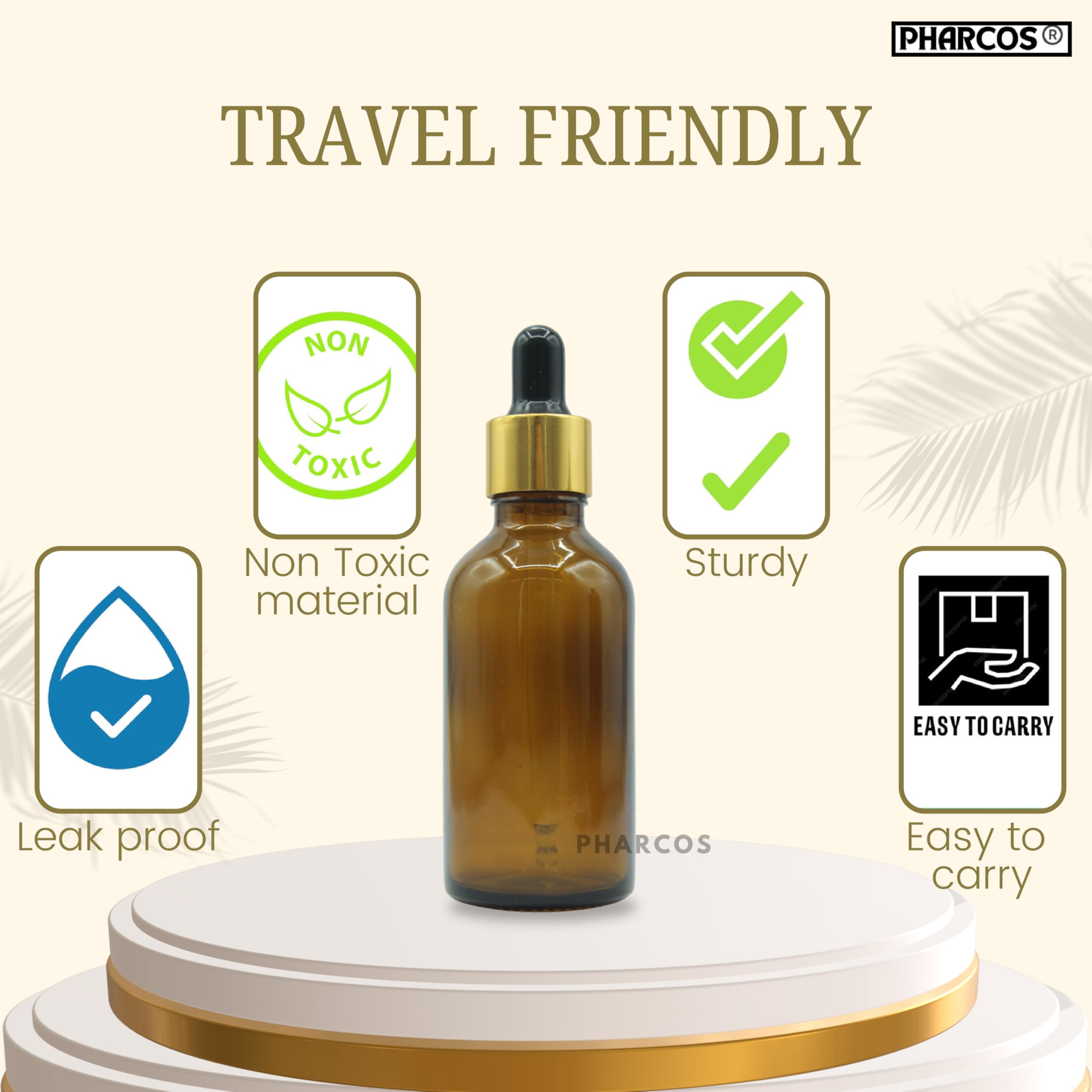 PHARCOS 50ml Amber Round Empty Glass Bottle with Golden Plating Ring, Black Silicone Teat for Essential Oils Blends, DIY Skin Care, Serum Bottles, Cosmetic Use Essential Oil bottles (Amber- 1pc- 50ml) 4