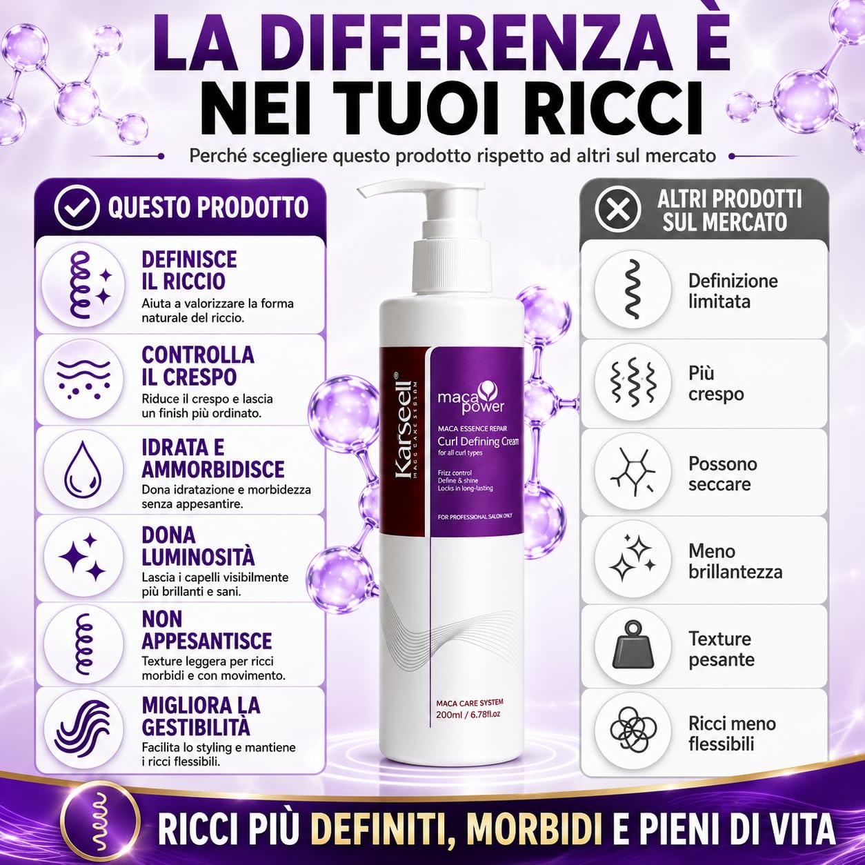 Karseell MACA CARE SYSTEM Crema Definizione Ricci Ravviva Boccoli Trattamento Idratante Riparatore Capelli Mossi Anticrespo Nutrizione Profonda Cheratina Olio Argan Oliva Mandorle Professionale 200ml