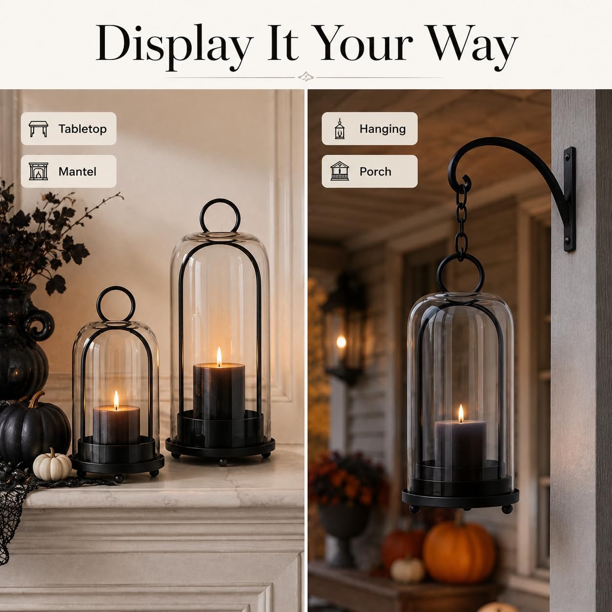 Hurricane Glass Candle Holders in Antique Brass, 5" & 4" Wide Gold Vintage Metal Candlesticks Holders for Pillar Candle Lantern with Handmade Thick Glass Dome, Industrial, Modern Home Decor (Black)