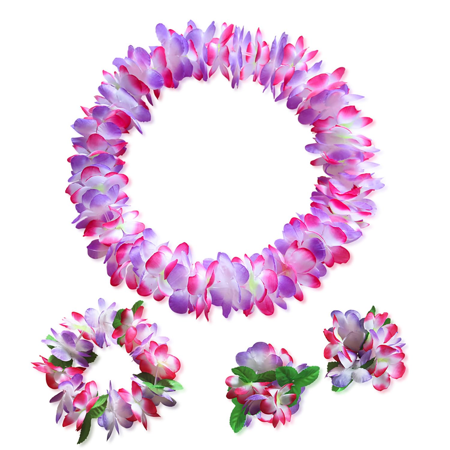 Aacehlh Hawaiian Luau Flower Leis Necklace Headband Bracelets Set,Perfect Luau Party Supplies for Summer Beach Vacations, Essential Party Decorations