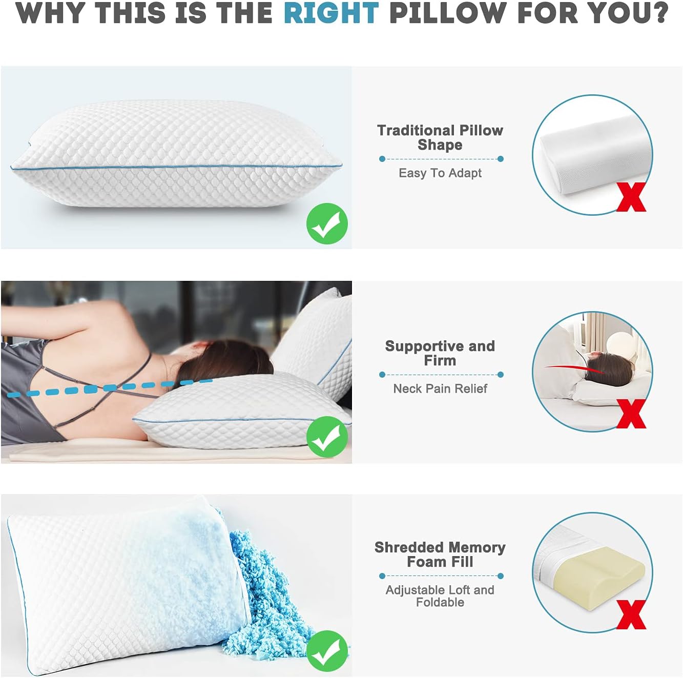Shredded Memory Foam Pillows, Bed Pillows for Sleeping 2 Pack Queen Size 20 x 30 Inches, Luxury Hotel Cooling Gel Foam Pillows Set of 2, Adjustable Loft Pillow for Side and Back Sleepers : Home & Kitchen
