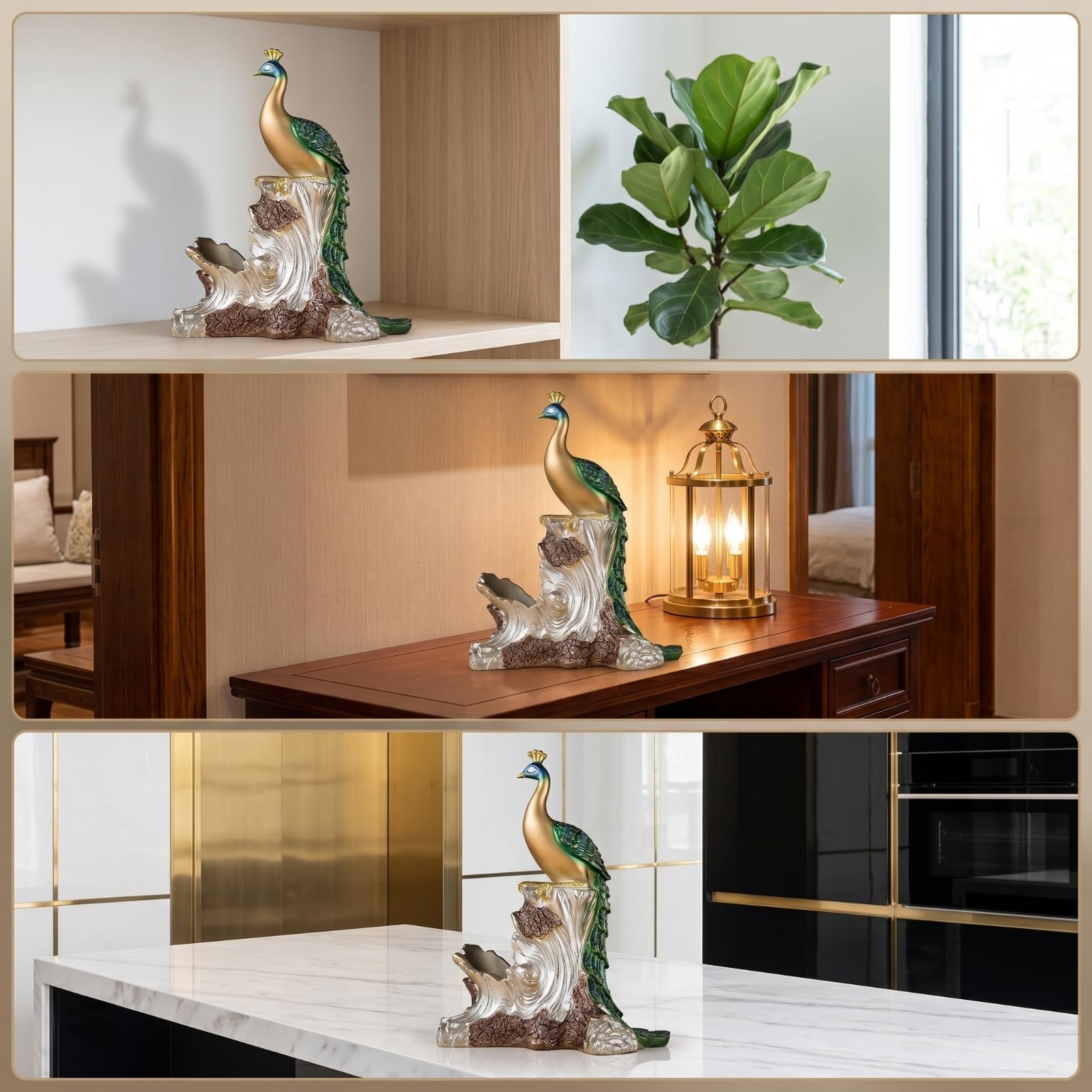 Botellero con Forma Pájaro Real Tallado Botellero para Mesa Compacto Soporte para Apasionados para Vinos, Dorado, Verde, Marrón