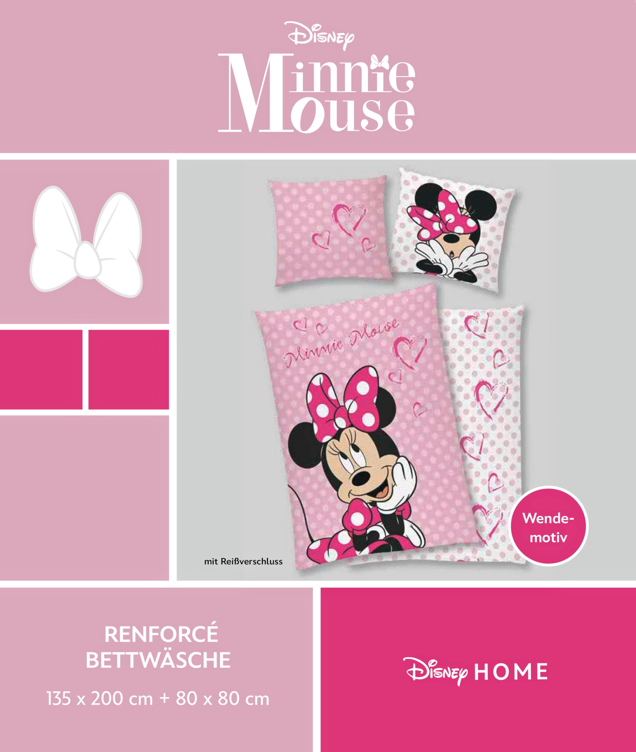 Disney Minnie Mouse biancheria da letto 80 x 80 + 135 x 200 cm, 100% cotone con chiusura lampo