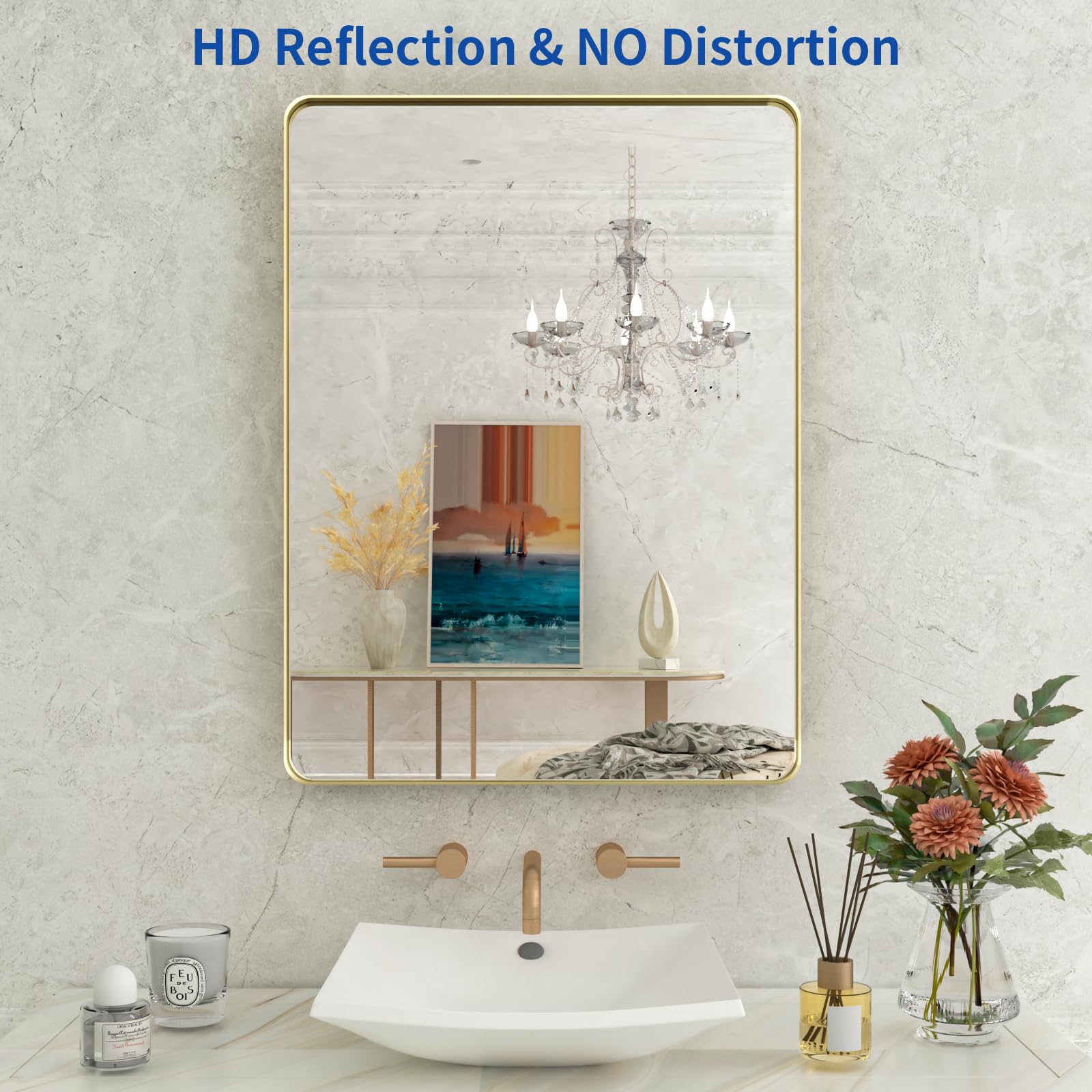 Acovy Bathroom Mirror 22x30 Inch, Rustproof Aluminum Metal Framed Mirror For Wall, Matte Gold Bathroom Vanity Mirror, Shatterppoof Mirror, Living Room, Hanging Or Leaning Horizontal Or Vertical
