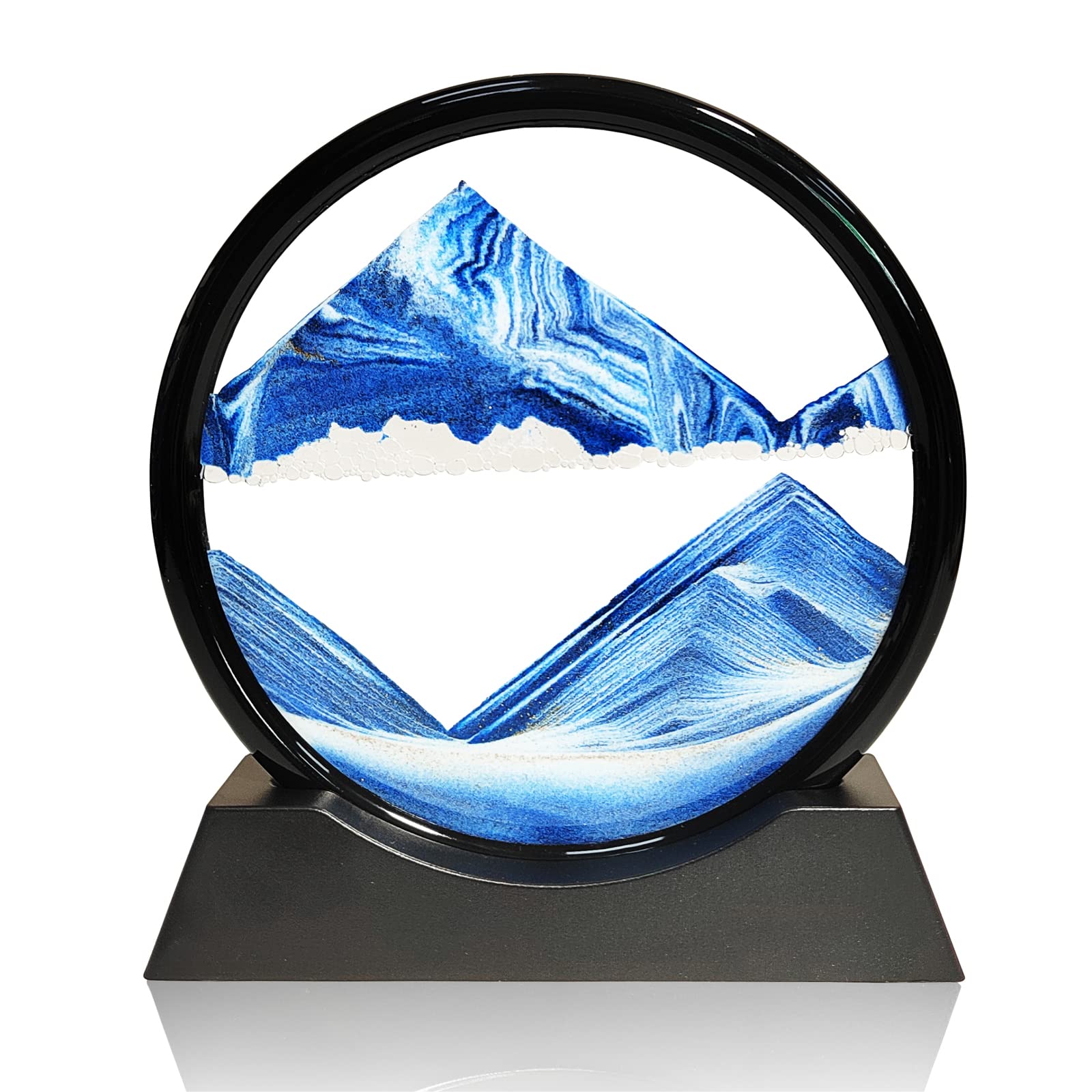 Mayvilife Moving Sand Art, 7'' Round 3D Art Sandscape Display Natural Sand Painting Dynamic for Home Office Decor & Kids Gift-Blue