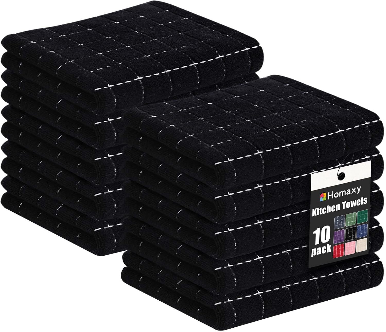 Homaxy 100% Cotton Terry Bulk Kitchen Towels, 10 Pack Checkered Dish Towels, Soft and Super Absorbent Hand Towels, 13 x 28 Inches, Black
