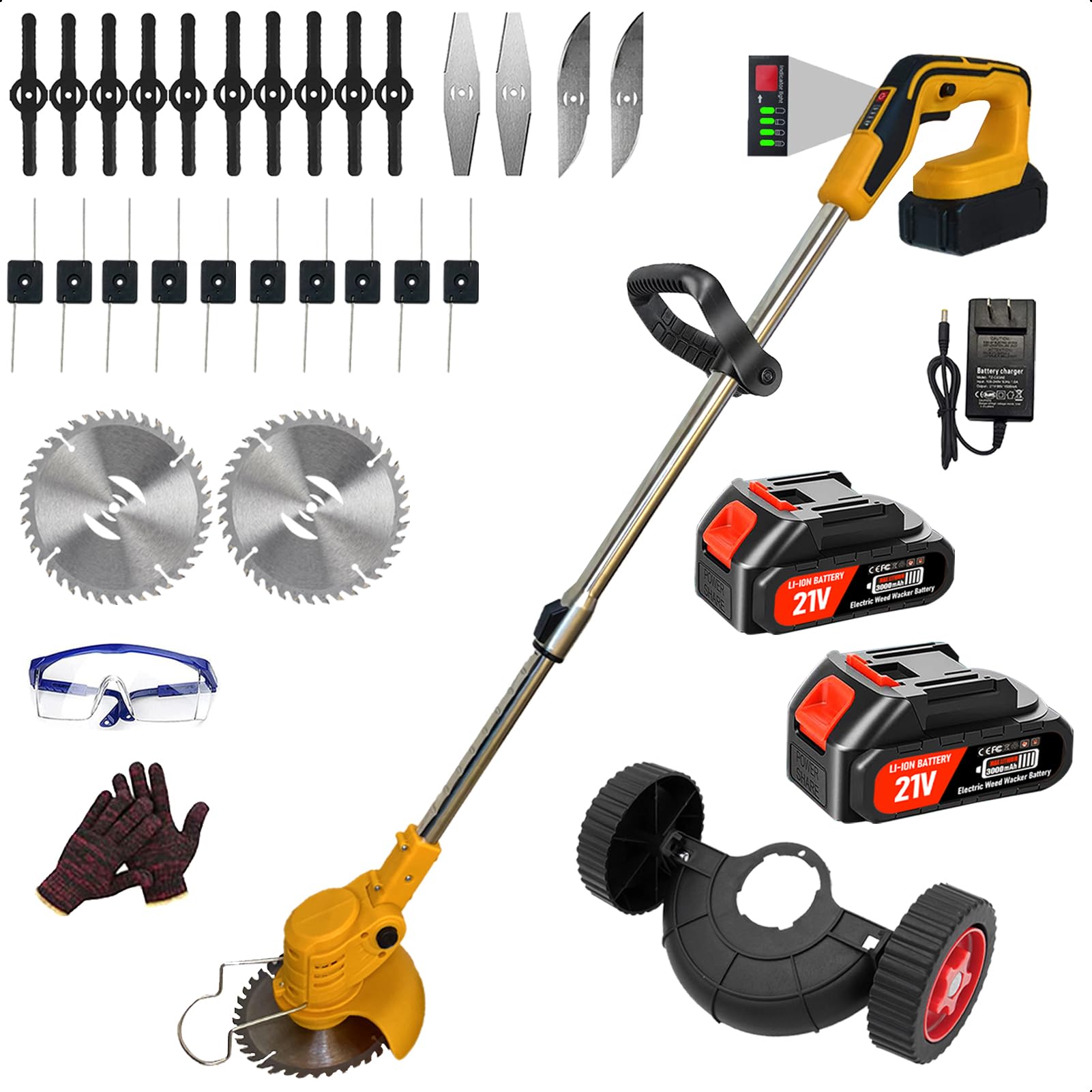 Electric Weed Wacker Battery Powered Cordless Lightweight Edger Portable Grass Trimmer/Lawn Edger/Mower/Brush Cutter, with Power Display & Wheels for Yard and Garden Weeder Tool