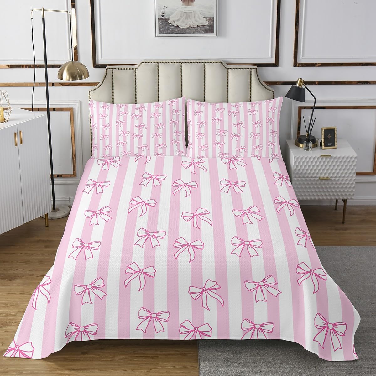 Erosebridal Pink White Bow Bedspread Sets Queen,Kawaii Princess Quilt Set for Kids Girls Teen,Cute Dreamy Bowknot Coverlet Sets Watercolor Bow Geometric Stripe Bed Set