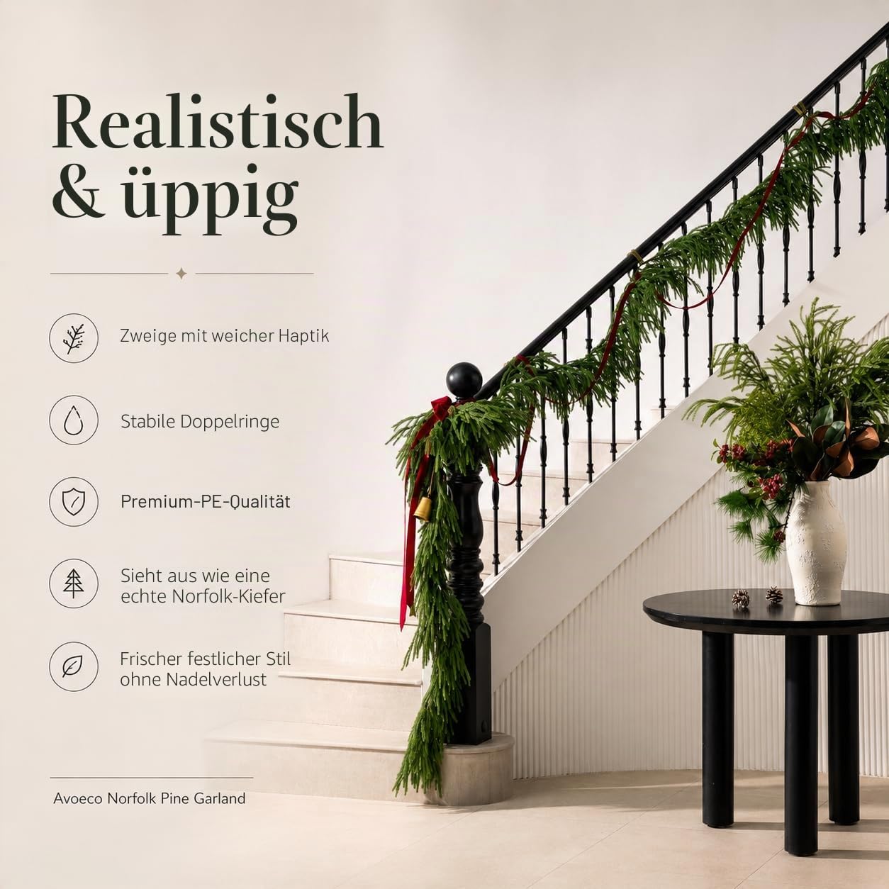 Deluxe Weihnachtsgirlande – Real Touch Norfolk-Kieferngirlande für Kamin, Treppe, Bögen und Weihnachtsdeko, Künstliches Grün (Norfolk-Kieferngirlande, 1,8 m) | Realistische künstliche Weihnachtsdekoration
