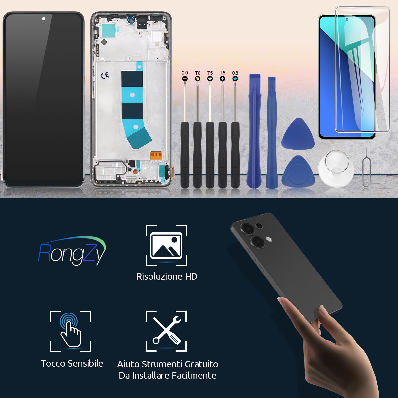 RongZy LCD Schermo per Xiaomi Redmi Note 13 4G Display di Ricambio Touch Screen Digitizer Parti di Riparazione per Redmi Note 13 4G 23124RA7EO LCD Display con Strumenti(Nero con Cornice, 6.67")