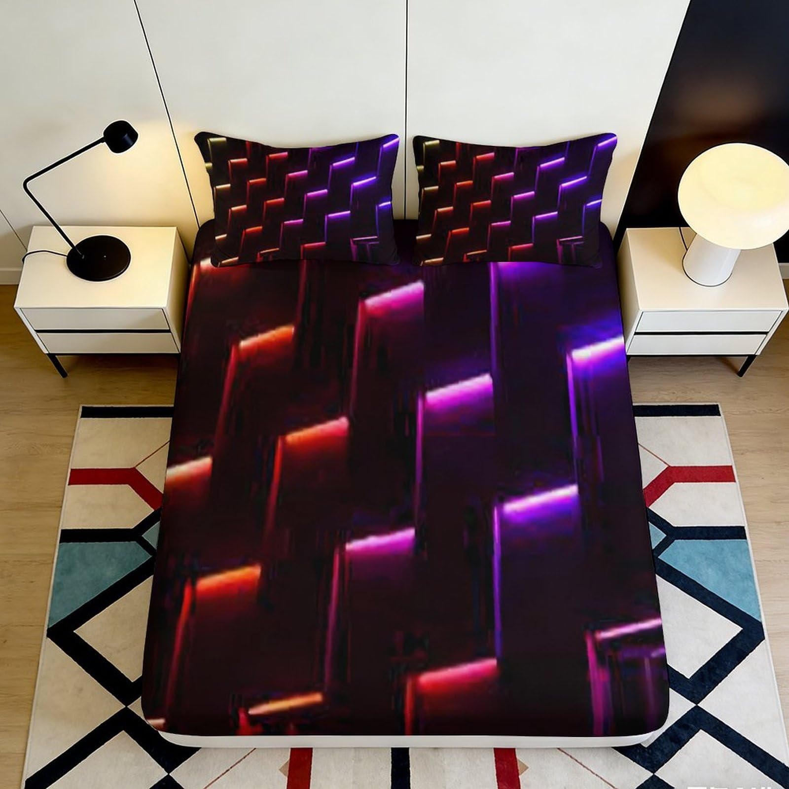 3D Printed Neon Geometric Pattern Fitted Sheet Microfiber Soft Mattress Cover for Bedroom Dorm Decor Protection UK 160x200x25cm