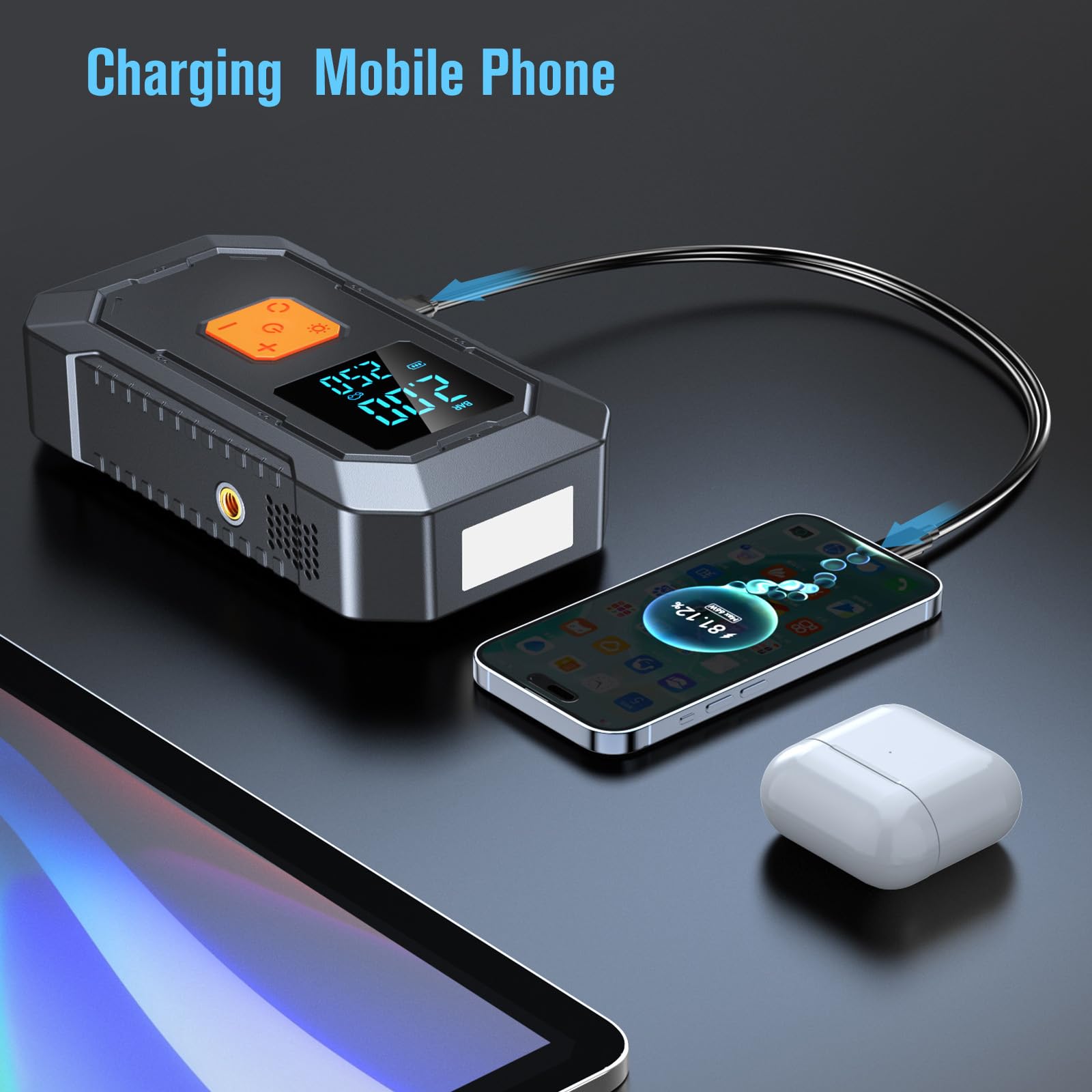Compresor de Aire 2 en 1 y Adaptador de Corriente para inflar neumáticos de Bicicleta y, con luz Led, Recargable por USB C, Bola para Bicicleta y Motocicleta