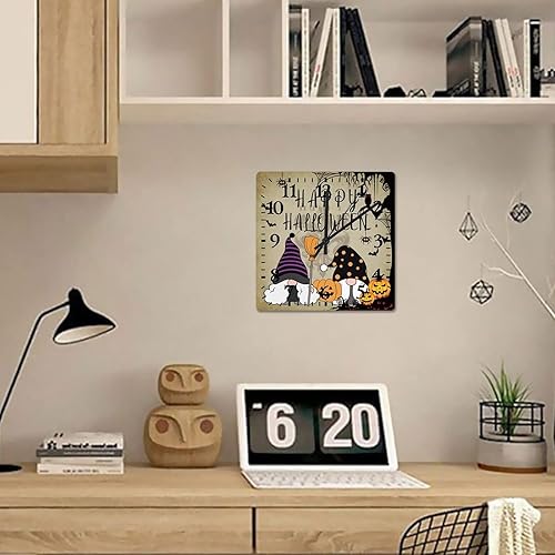 Miniatura 4 de Reloj de pared de madera, feliz Halloween, bosque medieval, calabaza, gnomos, telaraña, murciélago, reloj de pared de madera, funciona con pilas,