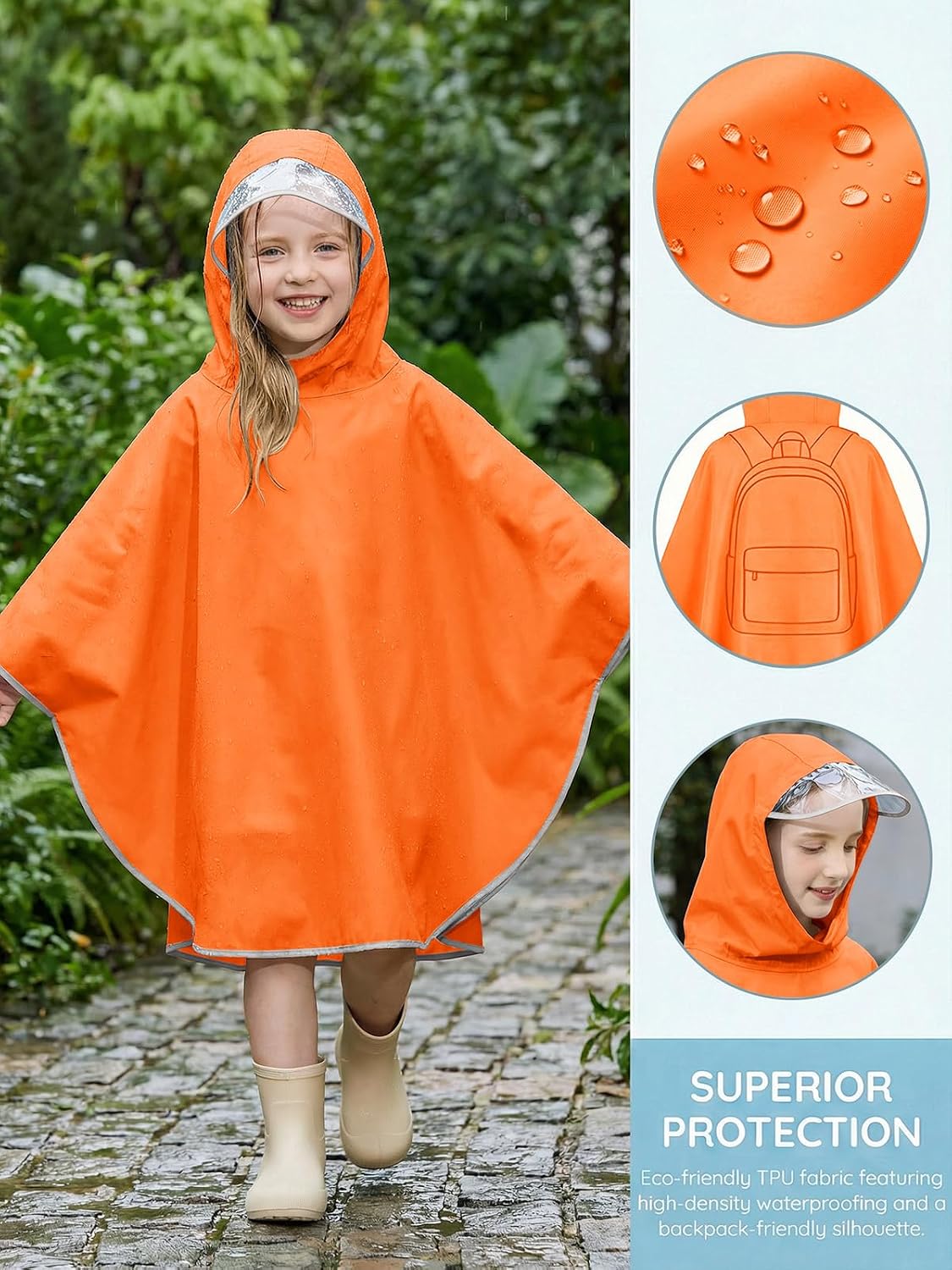 Haloumoning Kids Hooded Rain Poncho Girls Waterproof Lightweight Reusable Raincoat Jacket 4-14 Years