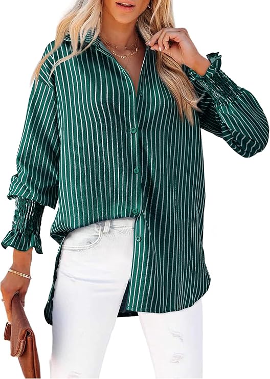 Women's Striped Button Down Shirts Puff Sleeve Oversized Blouses Boyfriends Loose Tunics Business Work Tops
