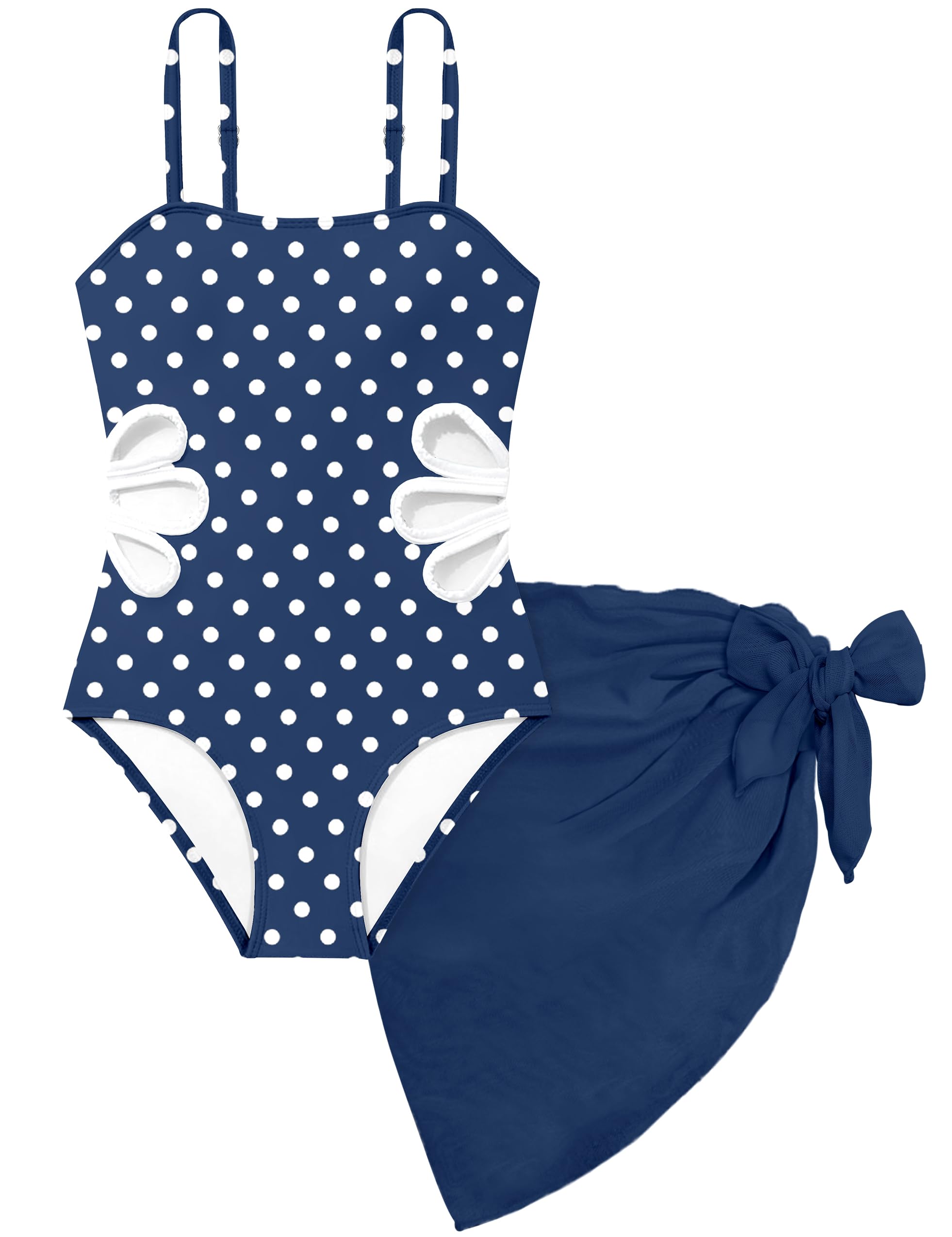 Girls Swimsuit Adjustable Straps Cut Out One Piece Bathing Suit with Solid Color Cover Up Skirt Girls' Swimwear 5-16Y