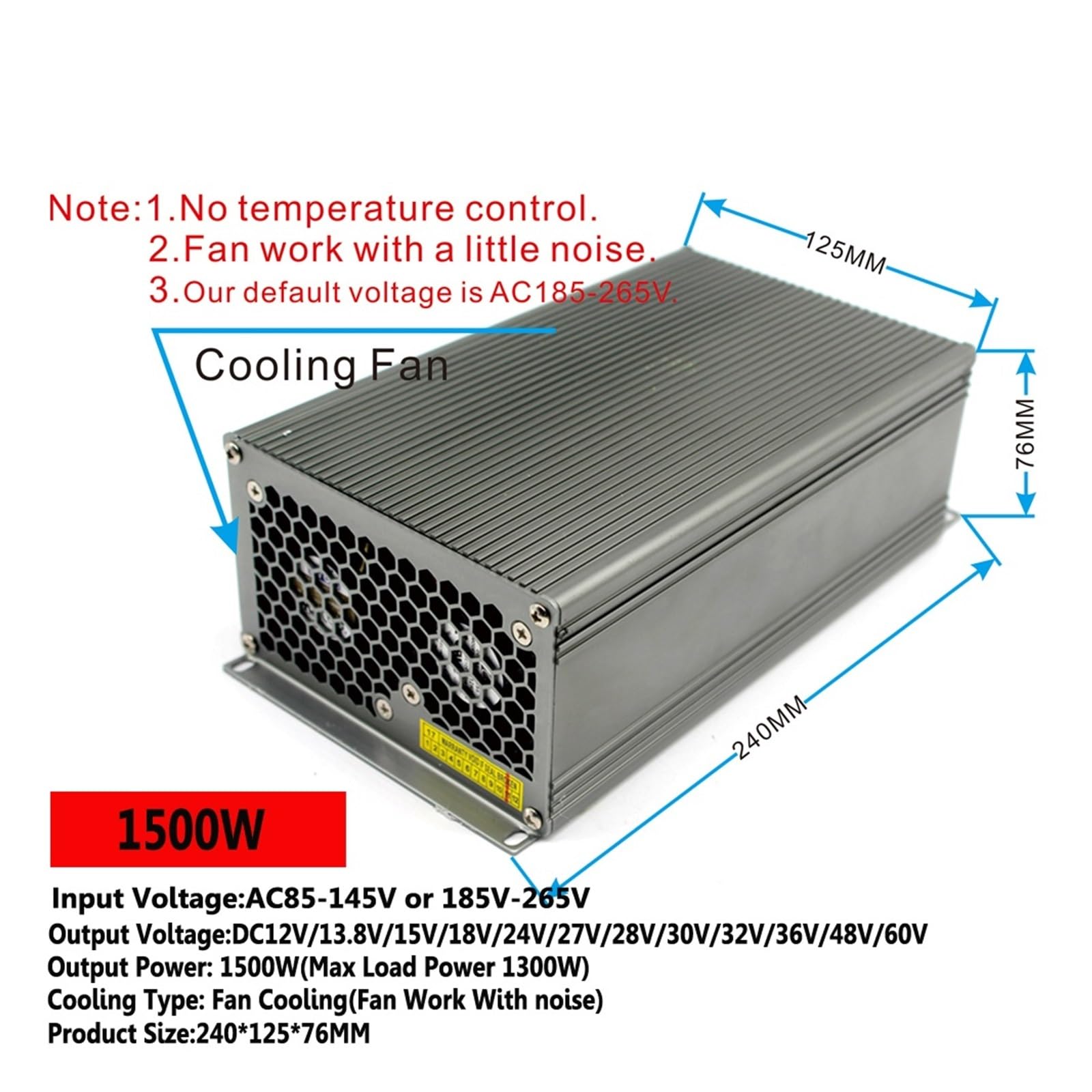 Zasilacz Laboratoryjny, Zasilacz AC do DC 36 V 41,6 A 1500 W, transformator napędowy, do przemysłowego elektronicznego sprzętu elektrycznego silnika CNC itp.(AC 185-265V)