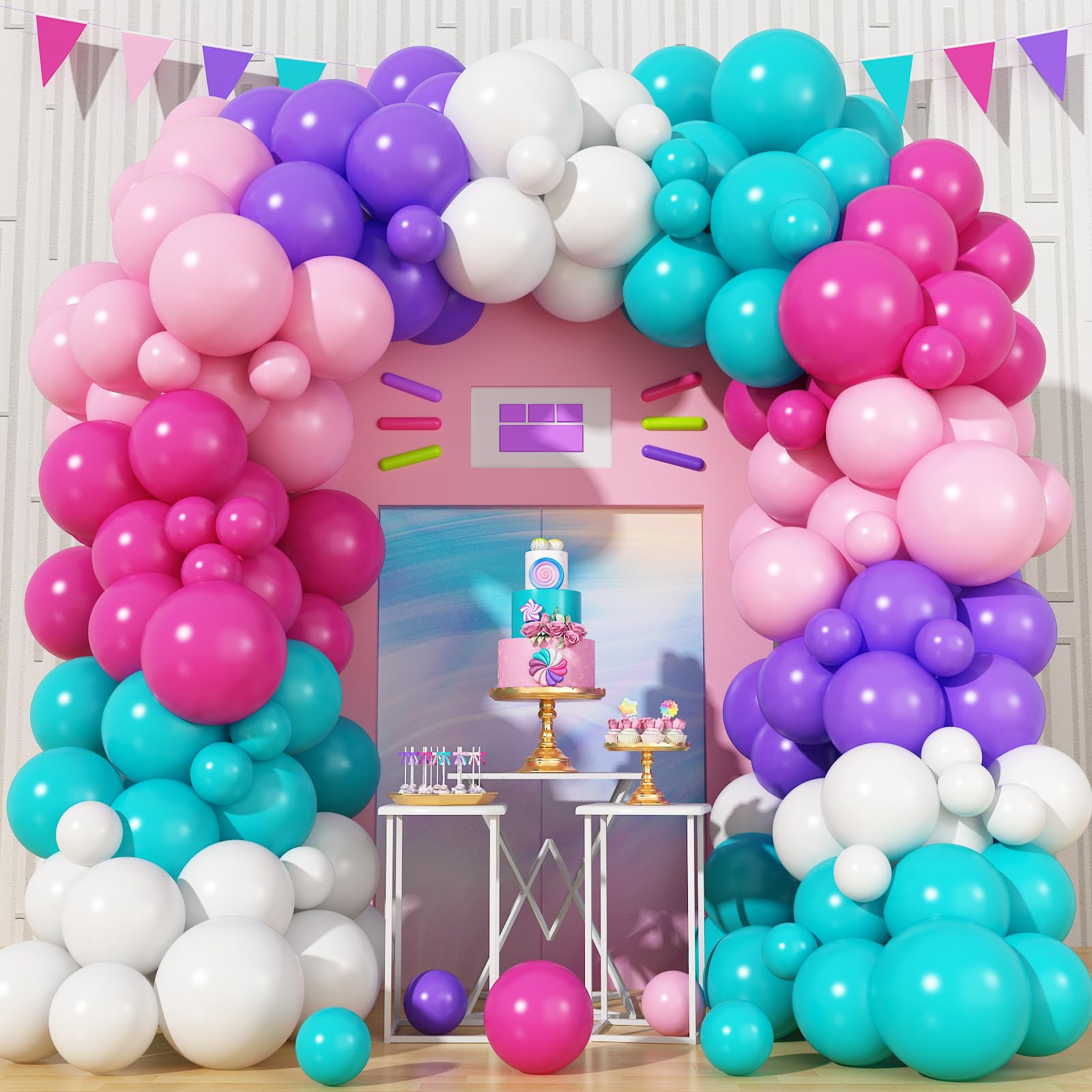 HILAVO Pink Purple Balloon Arch Kit 130 Pcs Blue Purple Pink Party Balloons Garland Pastel Hot Pink Teal Purple White Latex Balloon for Girls Mermaid