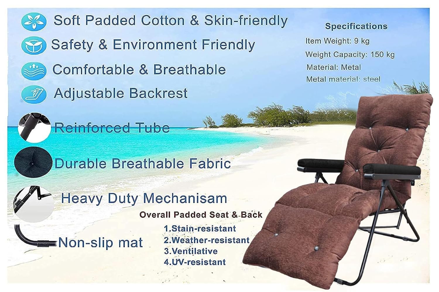 Spacecrafts® Recliner Folding Easy Chair Adjustable Postions  Cushioning Portable Space Saving Easy Chair for Home Relax Old Age  Mild Steel