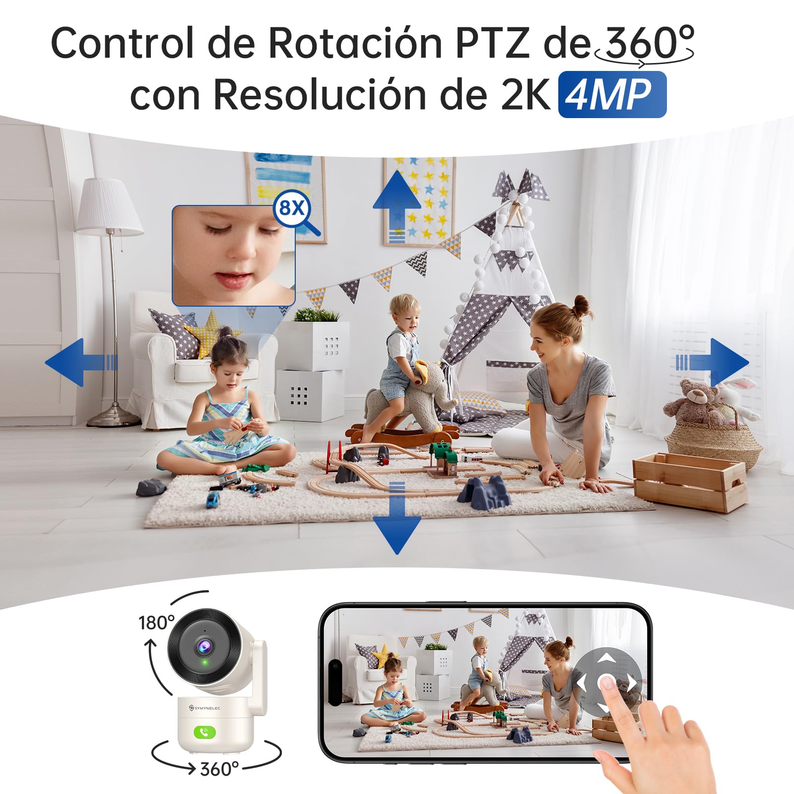SYMYNELEC Cámara Vigilancia WiFi Interior 5GHz/2.4GHz, 2K 4MP Camara Vigilancia Bebe/Perros, Cámara de Seguridad 360° con Detección de Movimiento AI, Visión Nocturna, Audio Bidireccional, Alexa, 2PCS