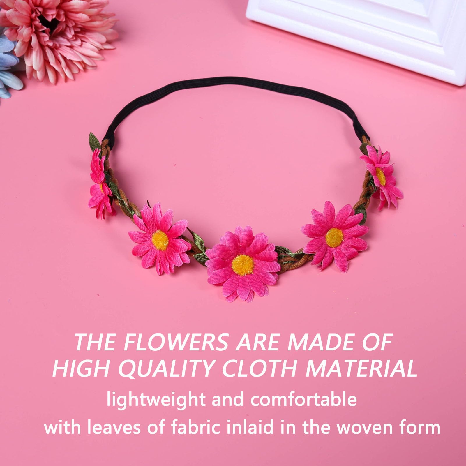 5Pcs Daisy Flower Hair Band Beautiful Flowers Artificial Headband Hair Accessories Elegant Bohemia Floral Crown with Elastic Ribbon Flower Headband - Image 3